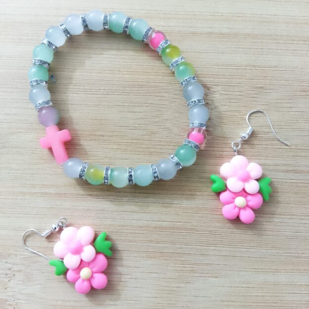 B24 Handmade pink flowers earring & Bracelet set