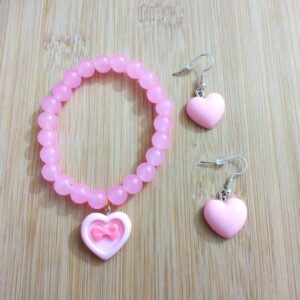 B35 Just For you Pink Heart earrings with pink bracelet and heat charm for her