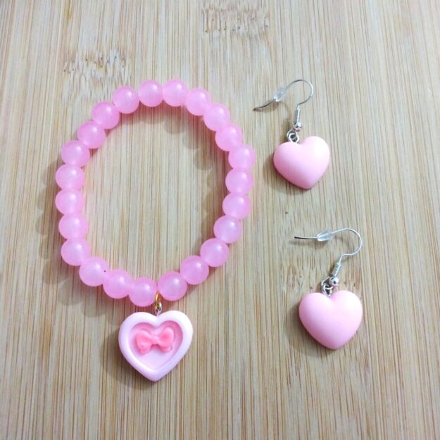 B35 Just For you Pink Heart earrings with pink bracelet and heat charm for her