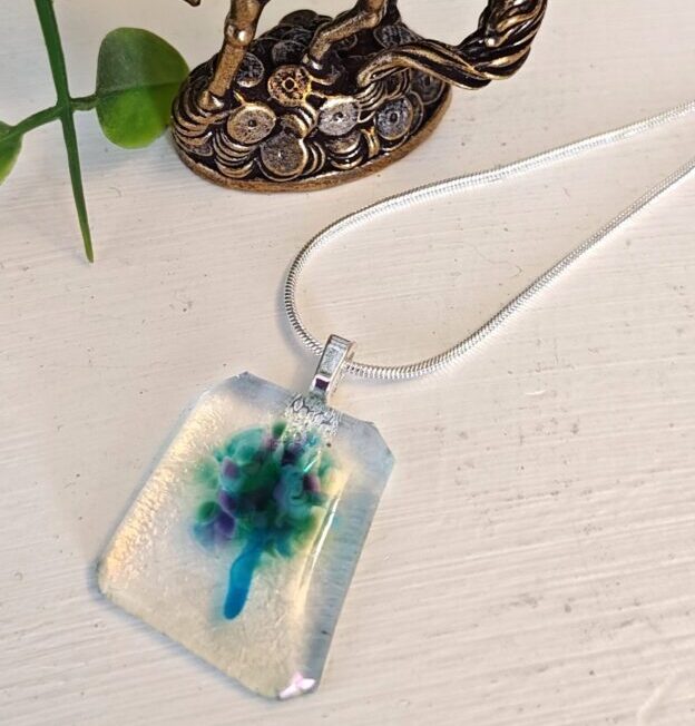Iridescent Fused Glass Green and Blue Abstract Flower Pendant Necklace, Asymmetrical One of a Kind Artisan Jewelry