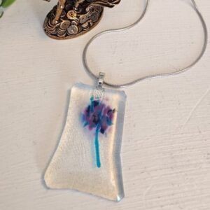 Asymmetrical purple & blue abstract flower iridescent fused glass pendant necklace, Handmade jewelry