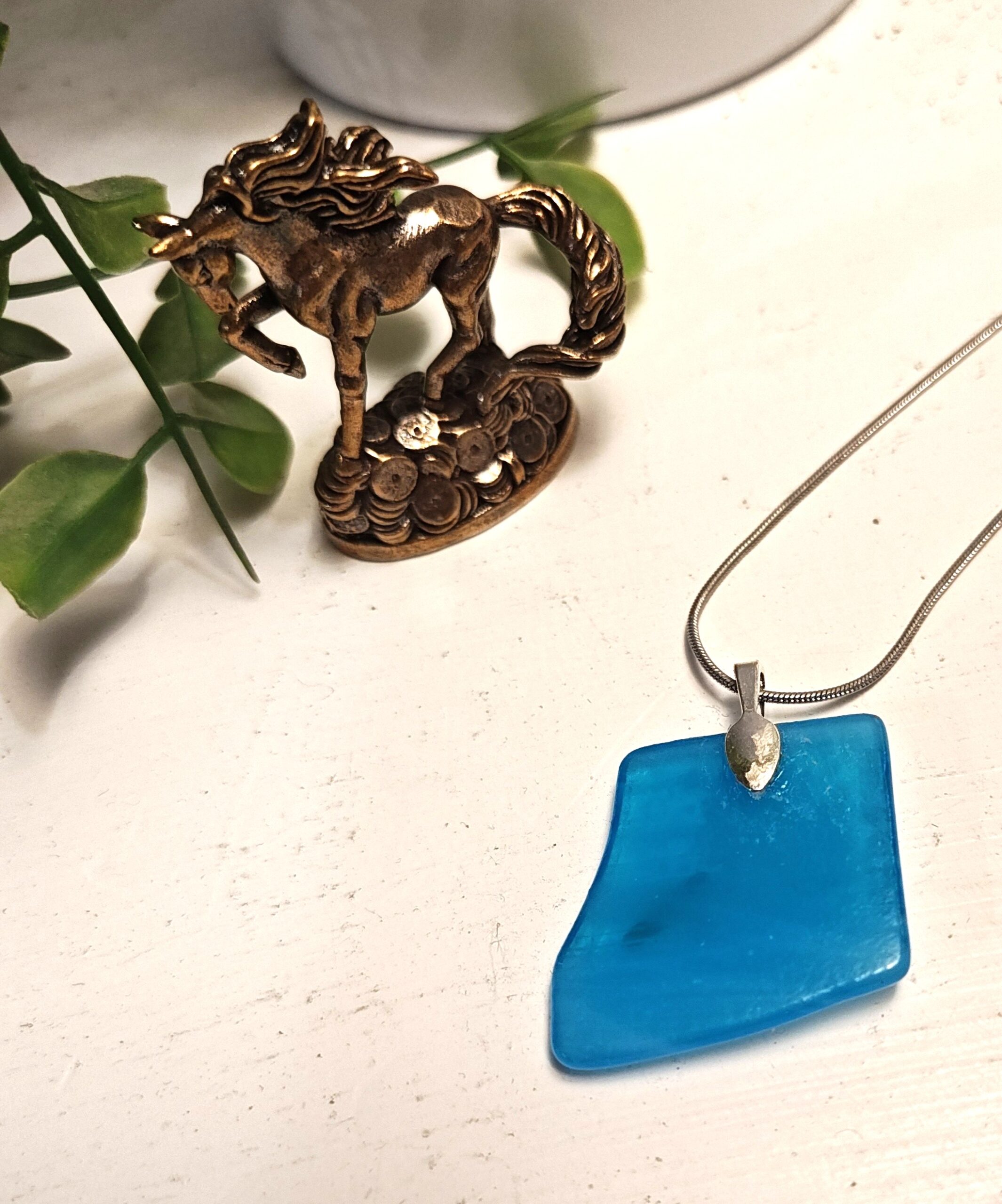 Abstract Bright Blue With White Flower Pendant Necklace: Unique Asymmetrical Textured Artisan Jewelry - Image 5