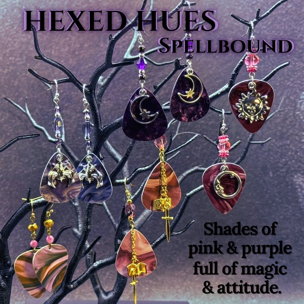 Handmade Guitar Pick Earrings in Hexed Hues (Pinks + Purples)