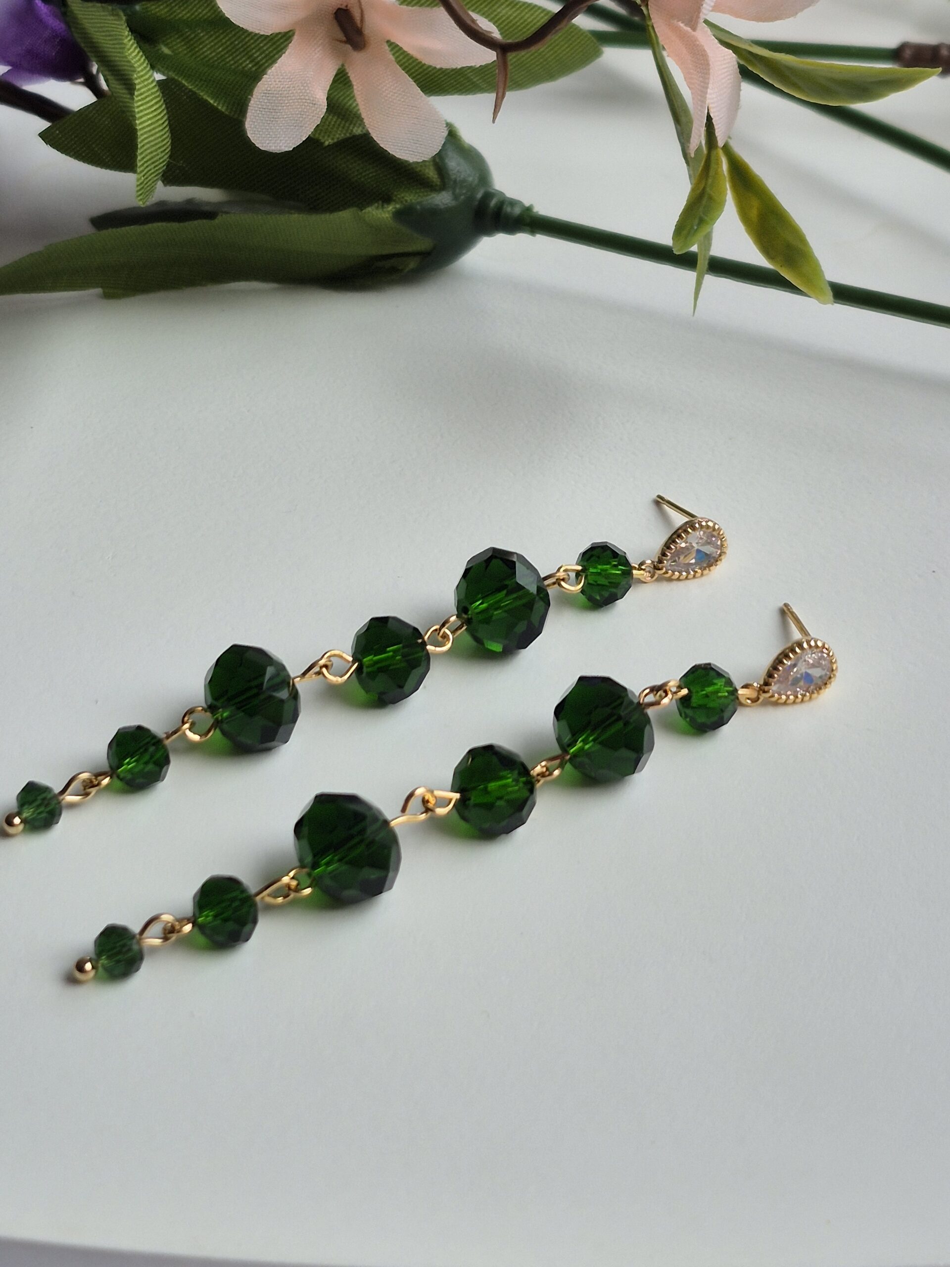 Green glass bead long Dangle Earrings - Image 6
