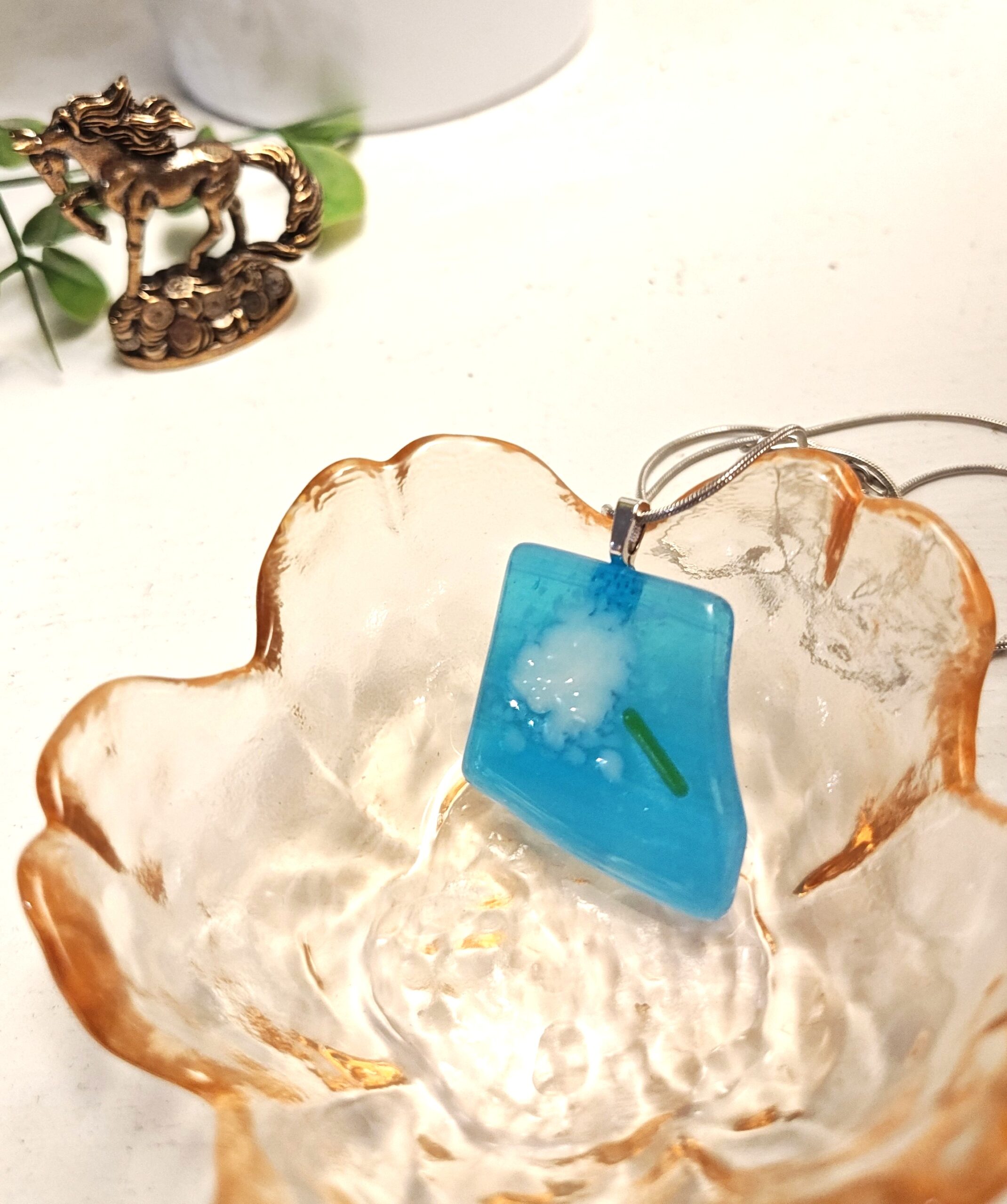 Abstract Bright Blue With White Flower Pendant Necklace: Unique Asymmetrical Textured Artisan Jewelry - Image 3