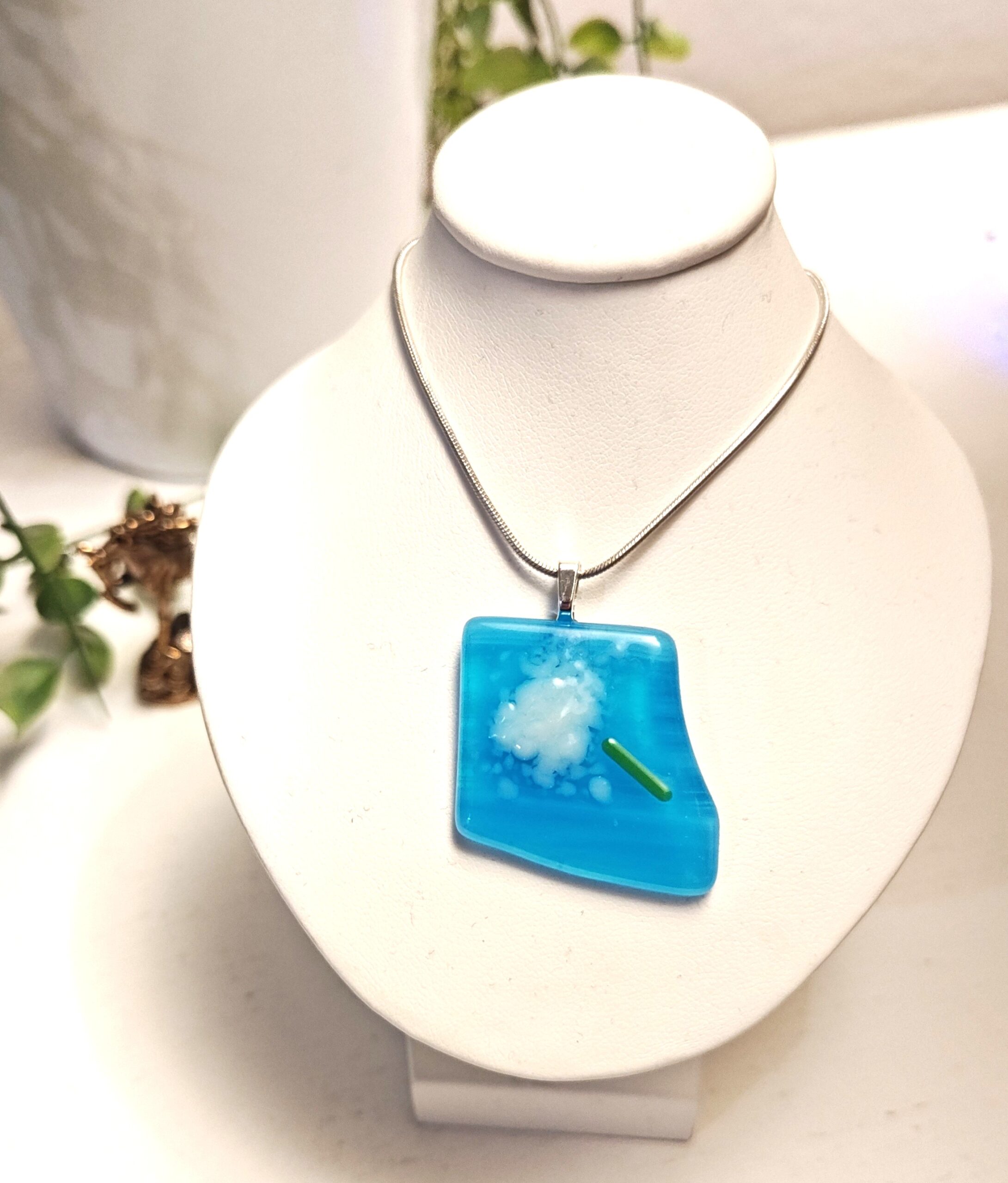 Abstract Bright Blue With White Flower Pendant Necklace: Unique Asymmetrical Textured Artisan Jewelry - Image 2