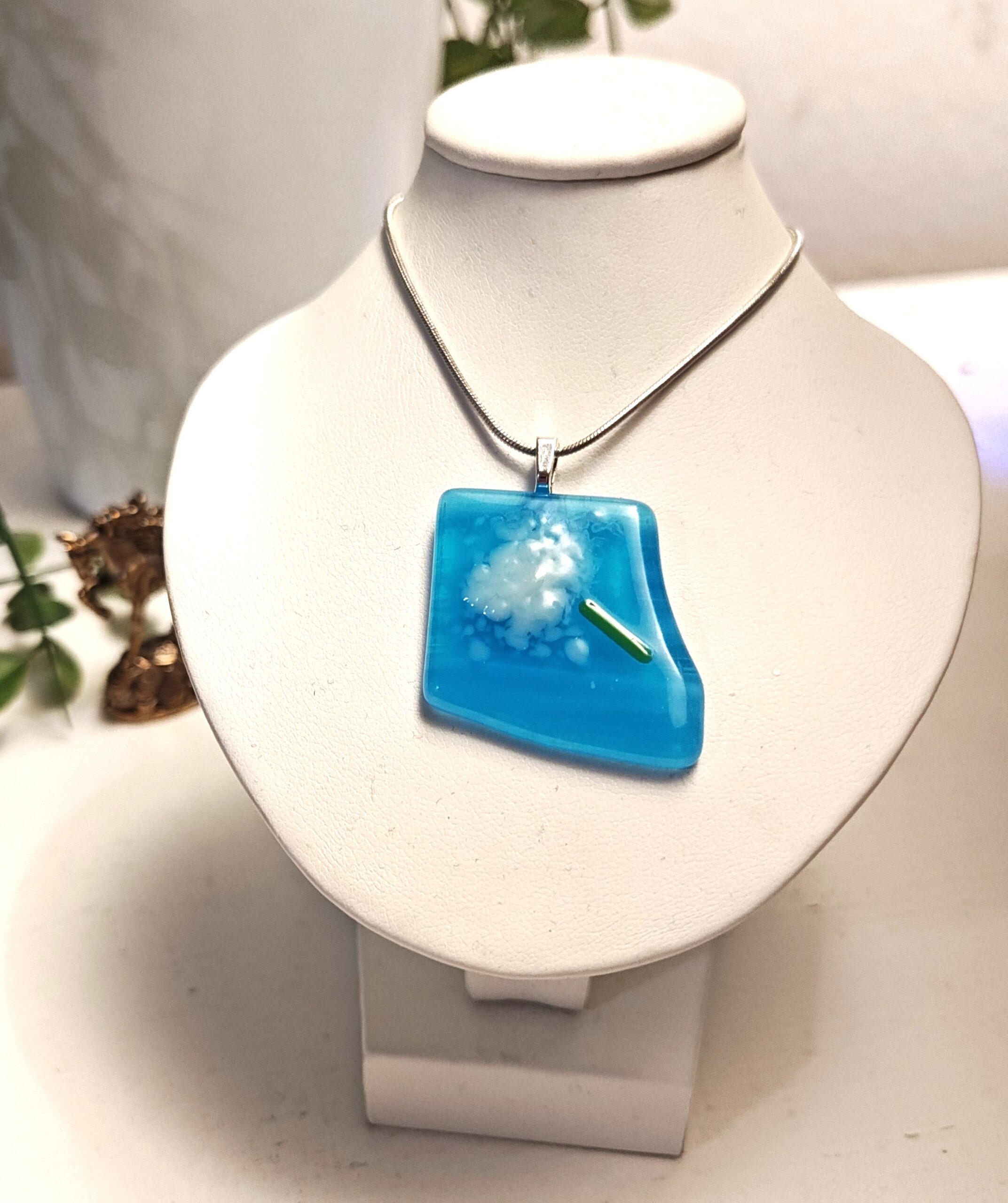 Abstract Bright Blue With White Flower Pendant Necklace: Unique Asymmetrical Textured Artisan Jewelry - Image 4