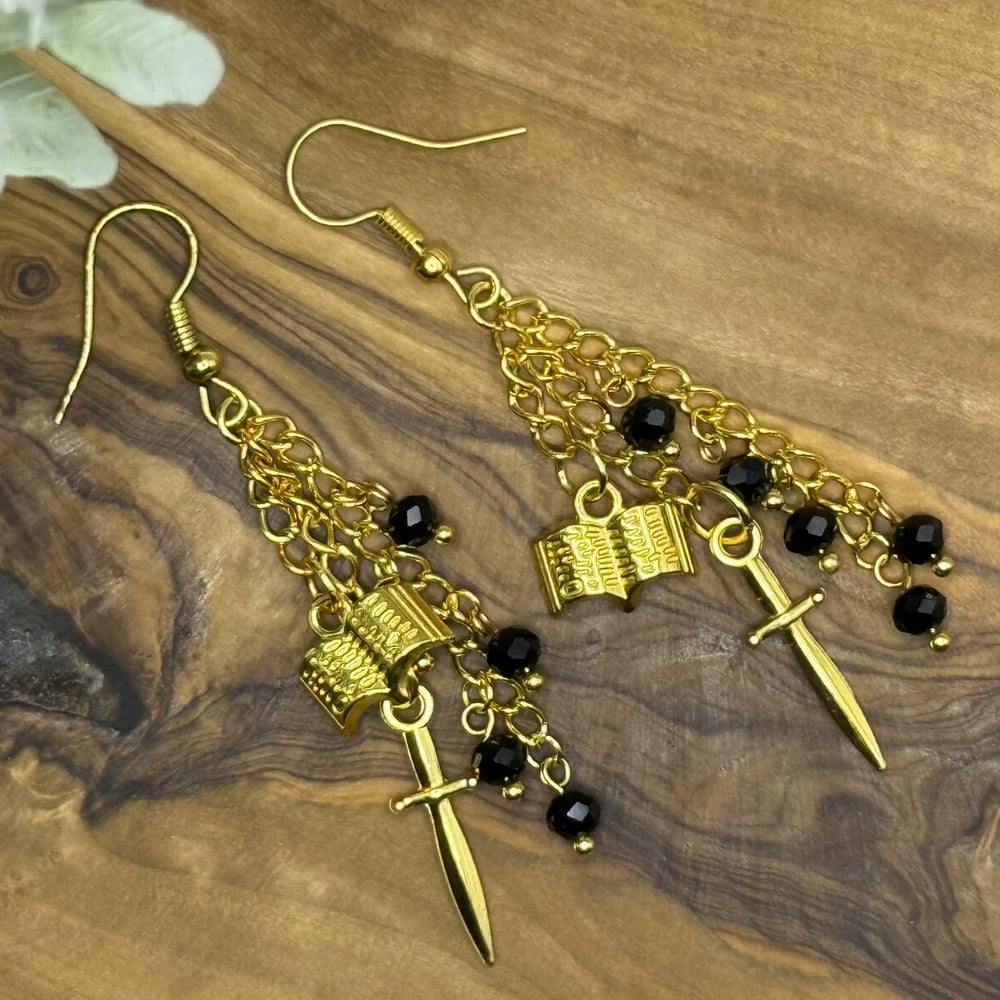 Gold Sword & Book Earrings | Black Beaded Fantasy Dangle Earrings | Bookish Jewelry