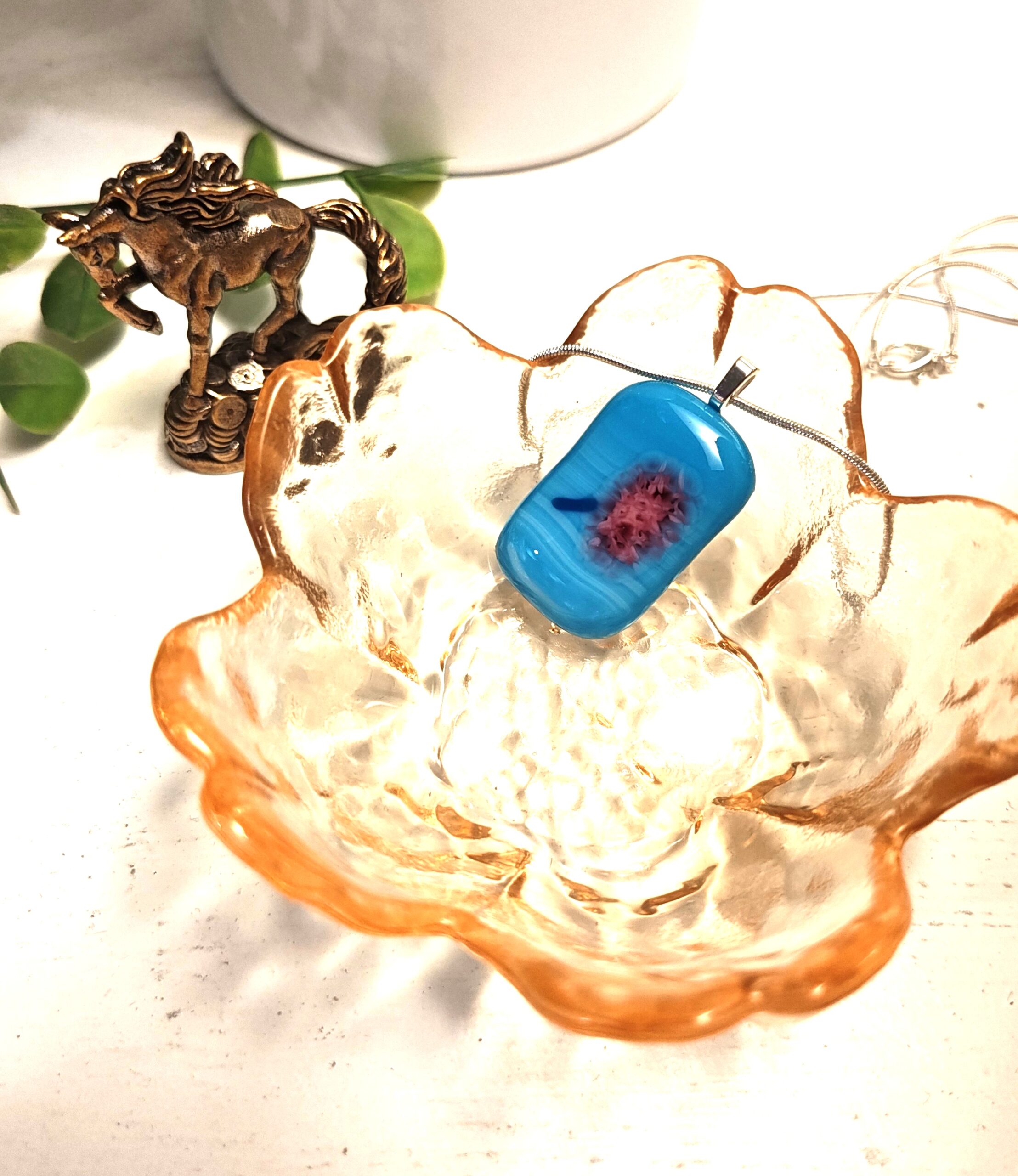 Handmade Sky Blue and Abstract Pink Flower Pendant Necklace, Unique artisan Jewelry - Image 3