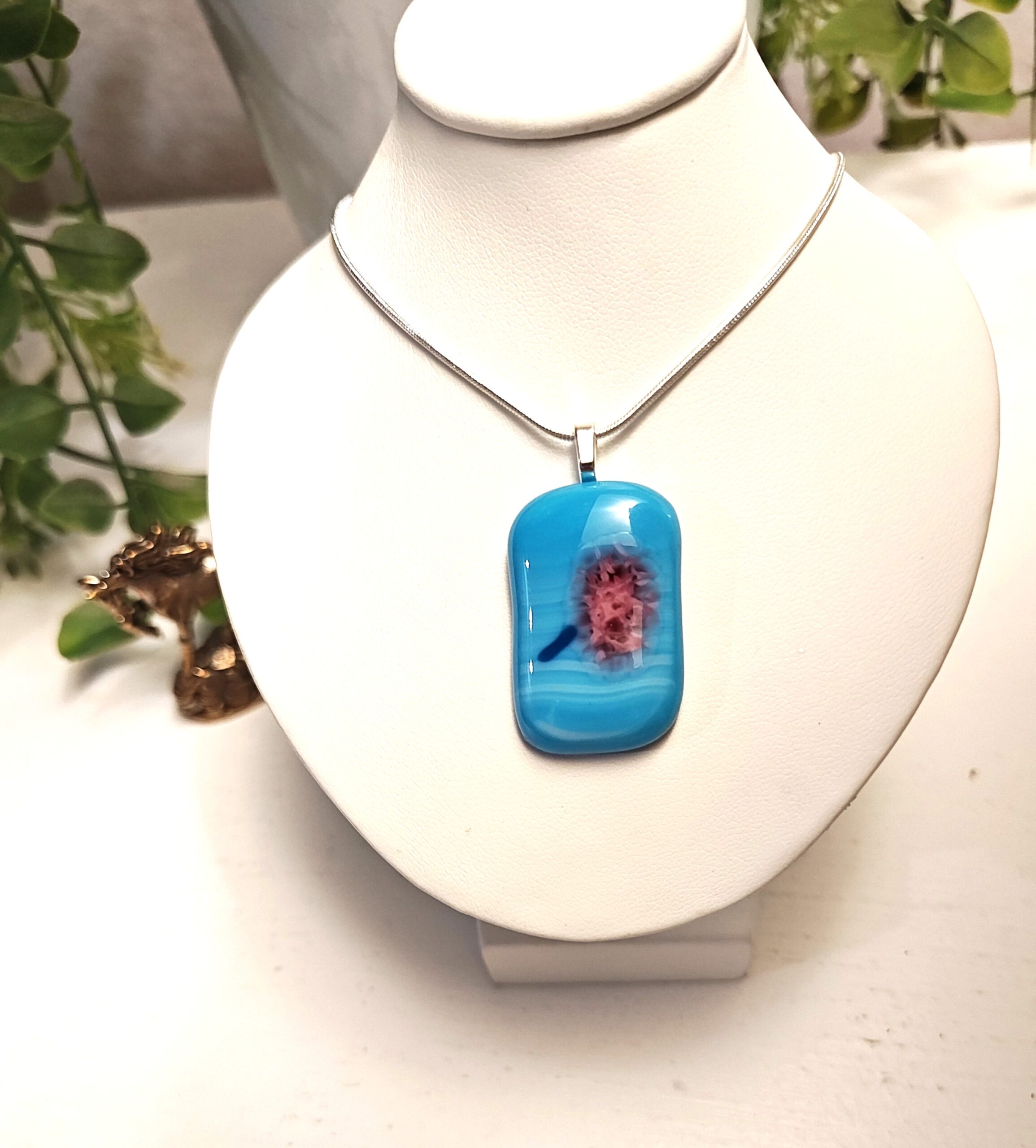 Handmade Sky Blue and Abstract Pink Flower Pendant Necklace, Unique artisan Jewelry - Image 2