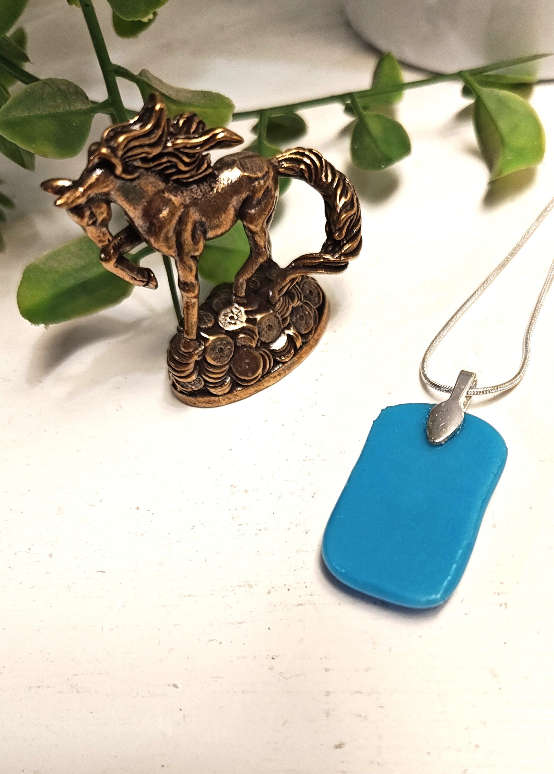 Handmade Sky Blue and Abstract Pink Flower Pendant Necklace, Unique artisan Jewelry - Image 4