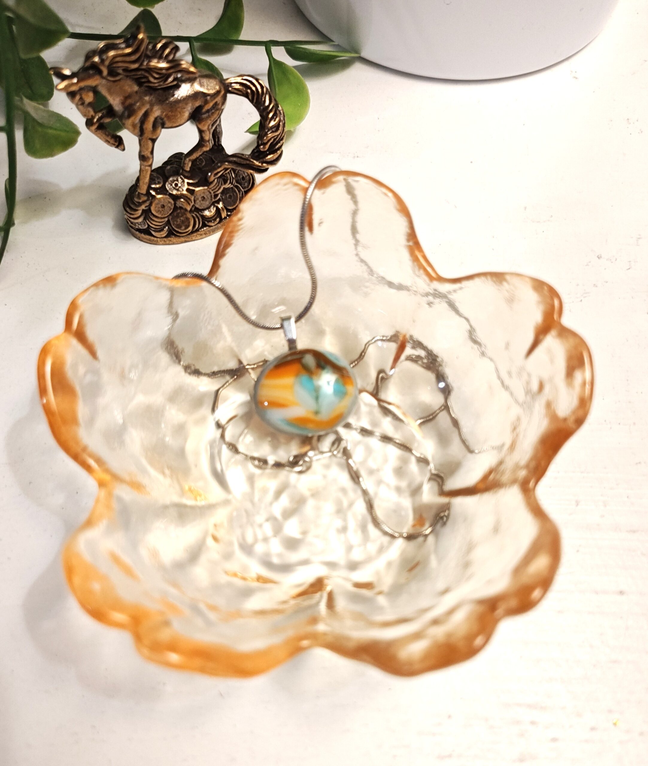 Southwest style one of a kind fused glass pendant necklace, Orange, turquoise and brown artisan handmade jewelry - Image 3