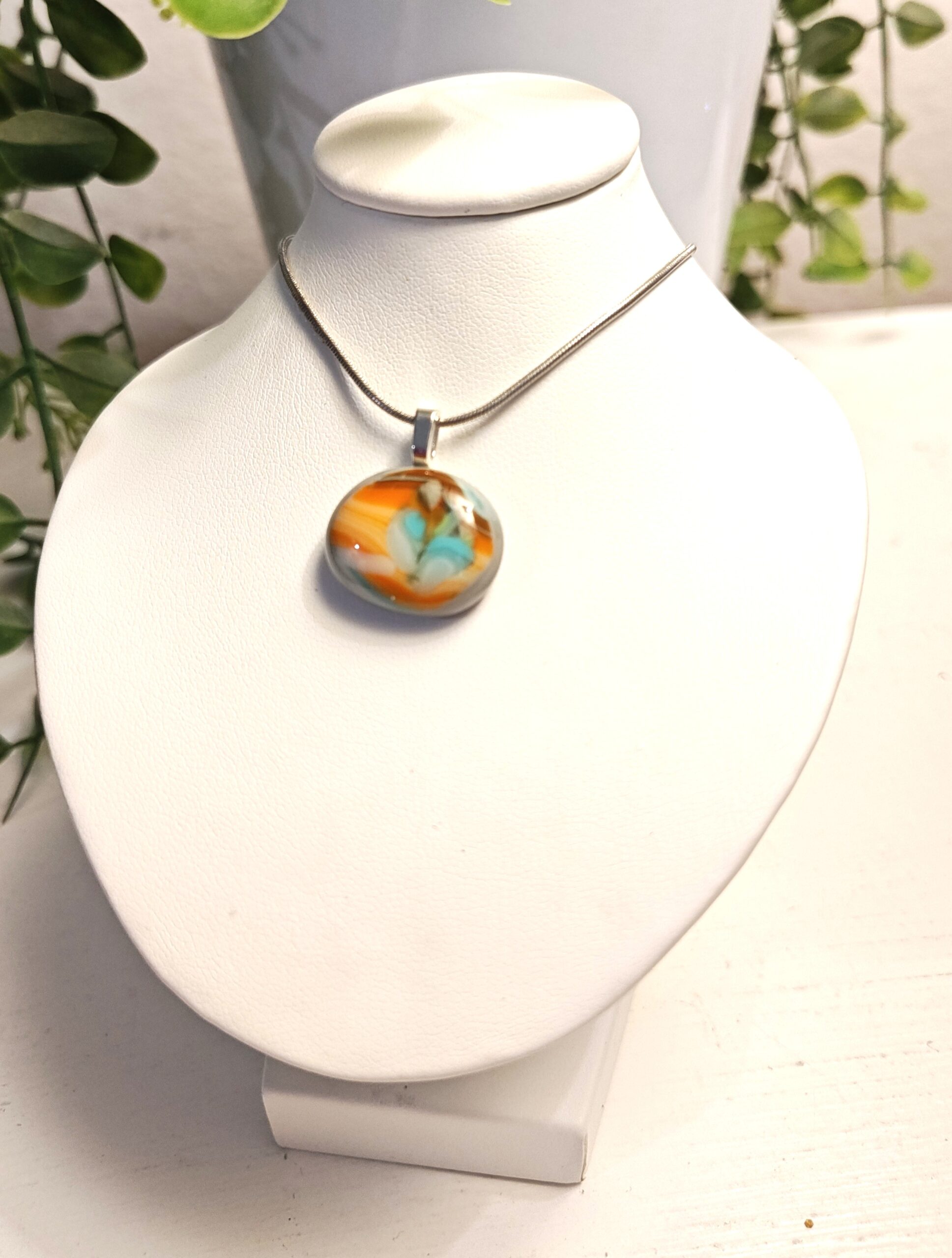 Southwest style one of a kind fused glass pendant necklace, Orange, turquoise and brown artisan handmade jewelry - Image 4