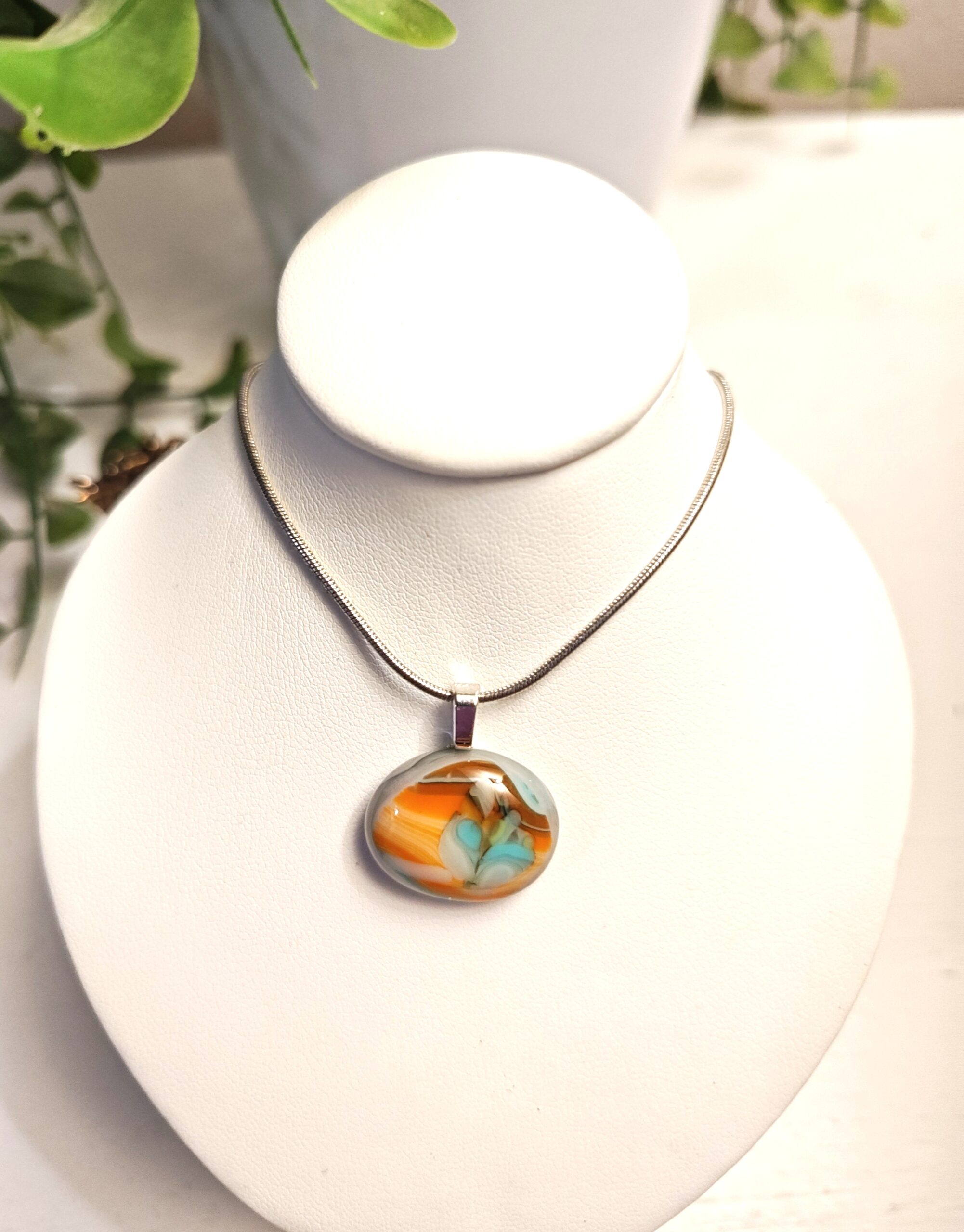 Southwest style one of a kind fused glass pendant necklace, Orange, turquoise and brown artisan handmade jewelry - Image 2