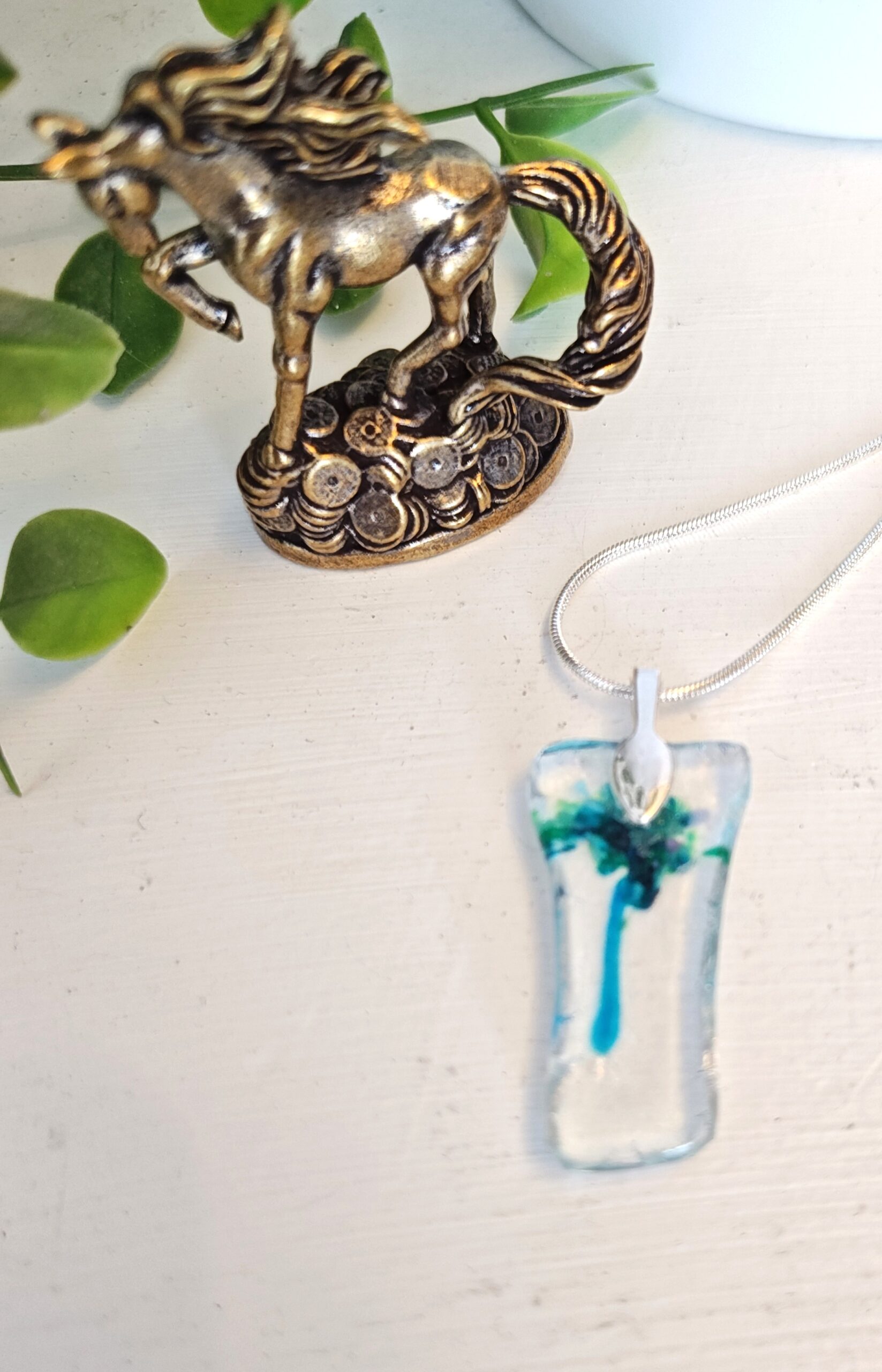 Iridescent asymmetrical green and blue pendant necklace, One of a kind abstract floral jewelry - Image 5