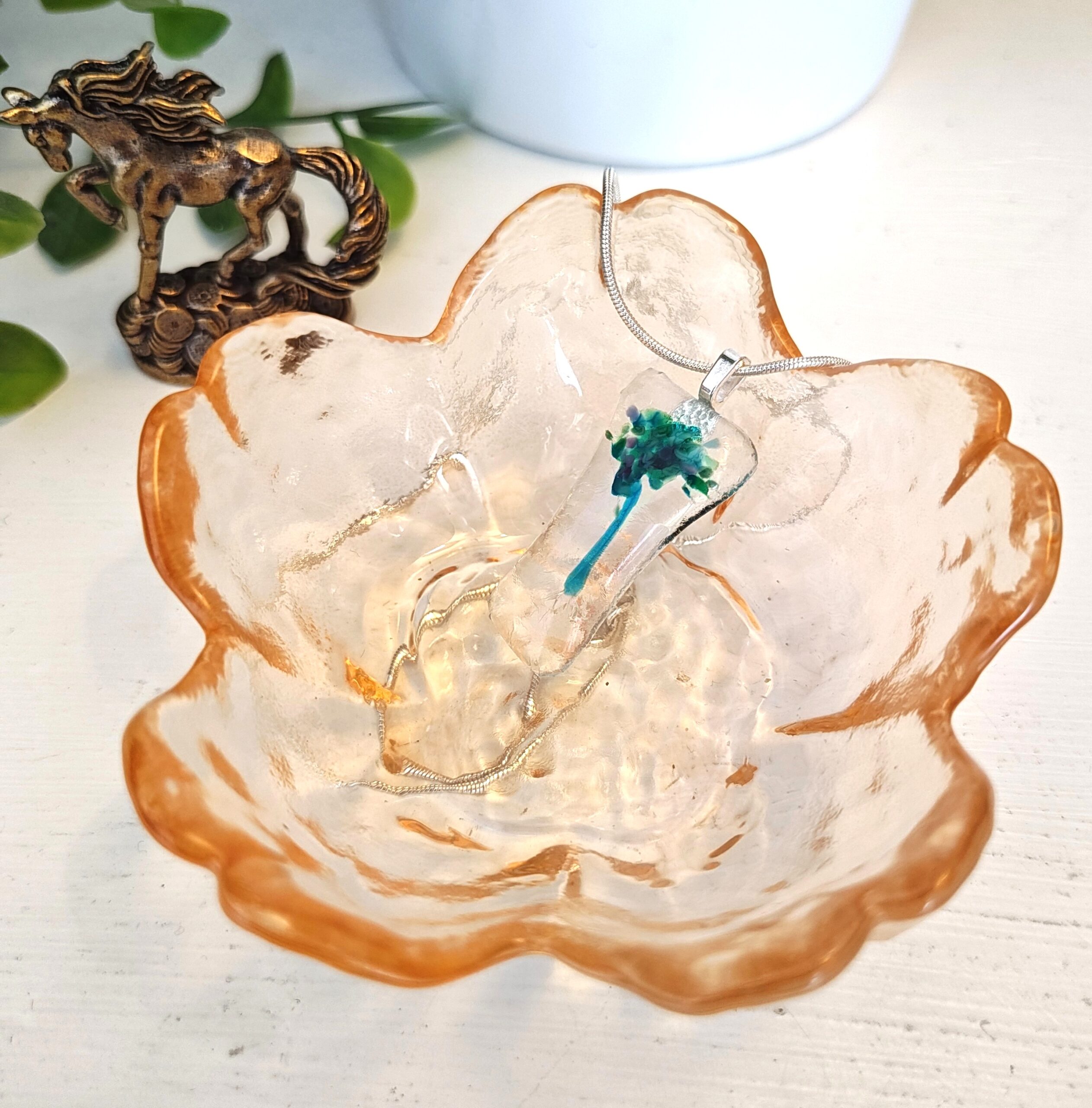 Iridescent asymmetrical green and blue pendant necklace, One of a kind abstract floral jewelry - Image 3