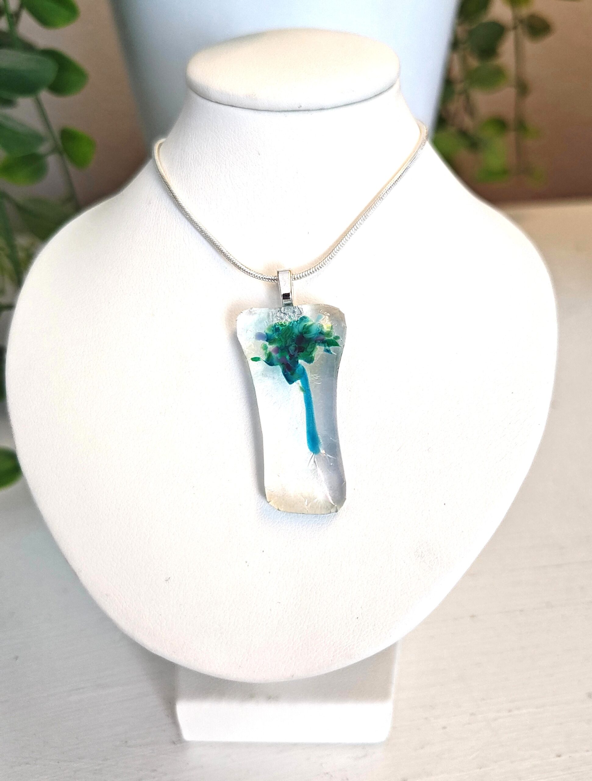 Iridescent asymmetrical green and blue pendant necklace, One of a kind abstract floral jewelry - Image 2
