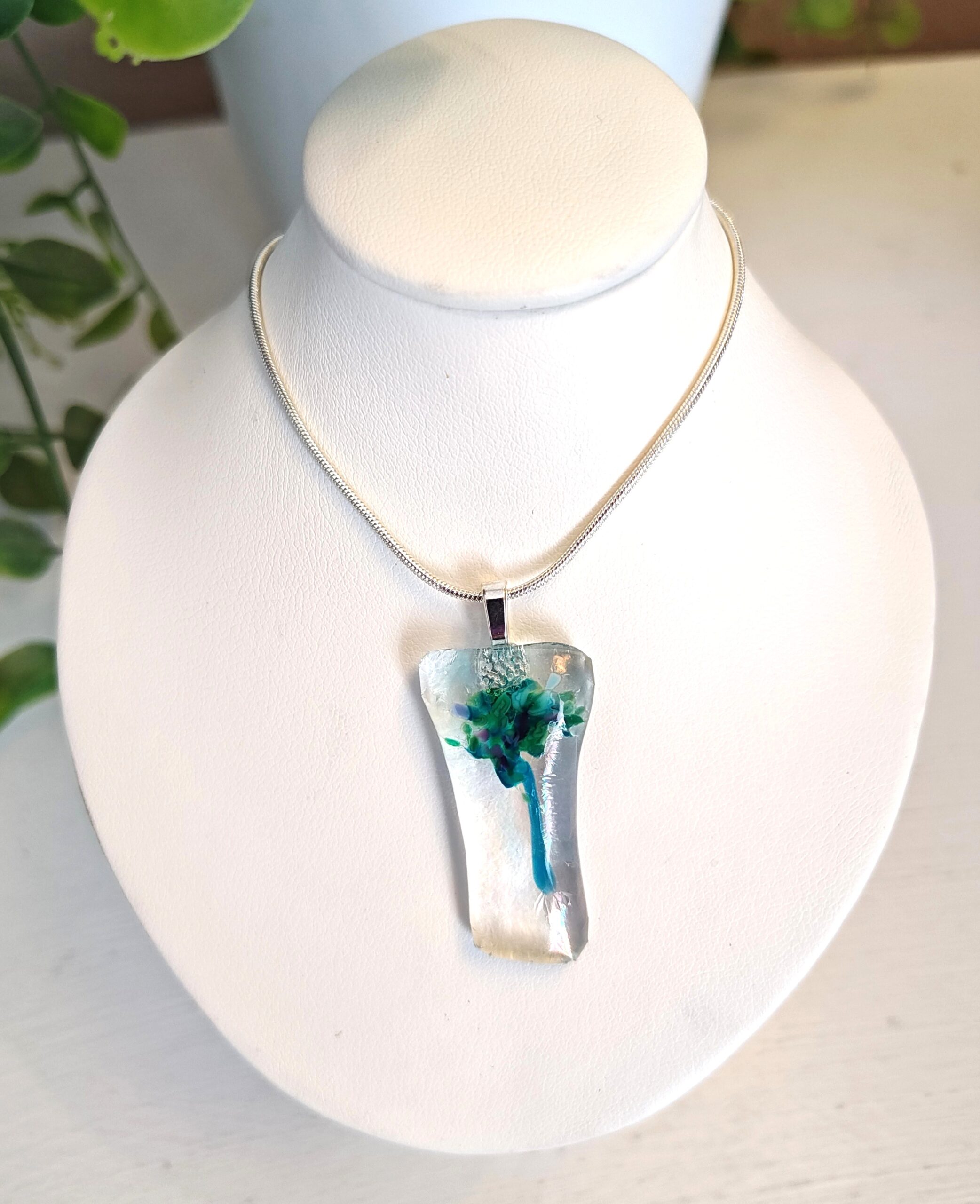 Iridescent asymmetrical green and blue pendant necklace, One of a kind abstract floral jewelry - Image 4