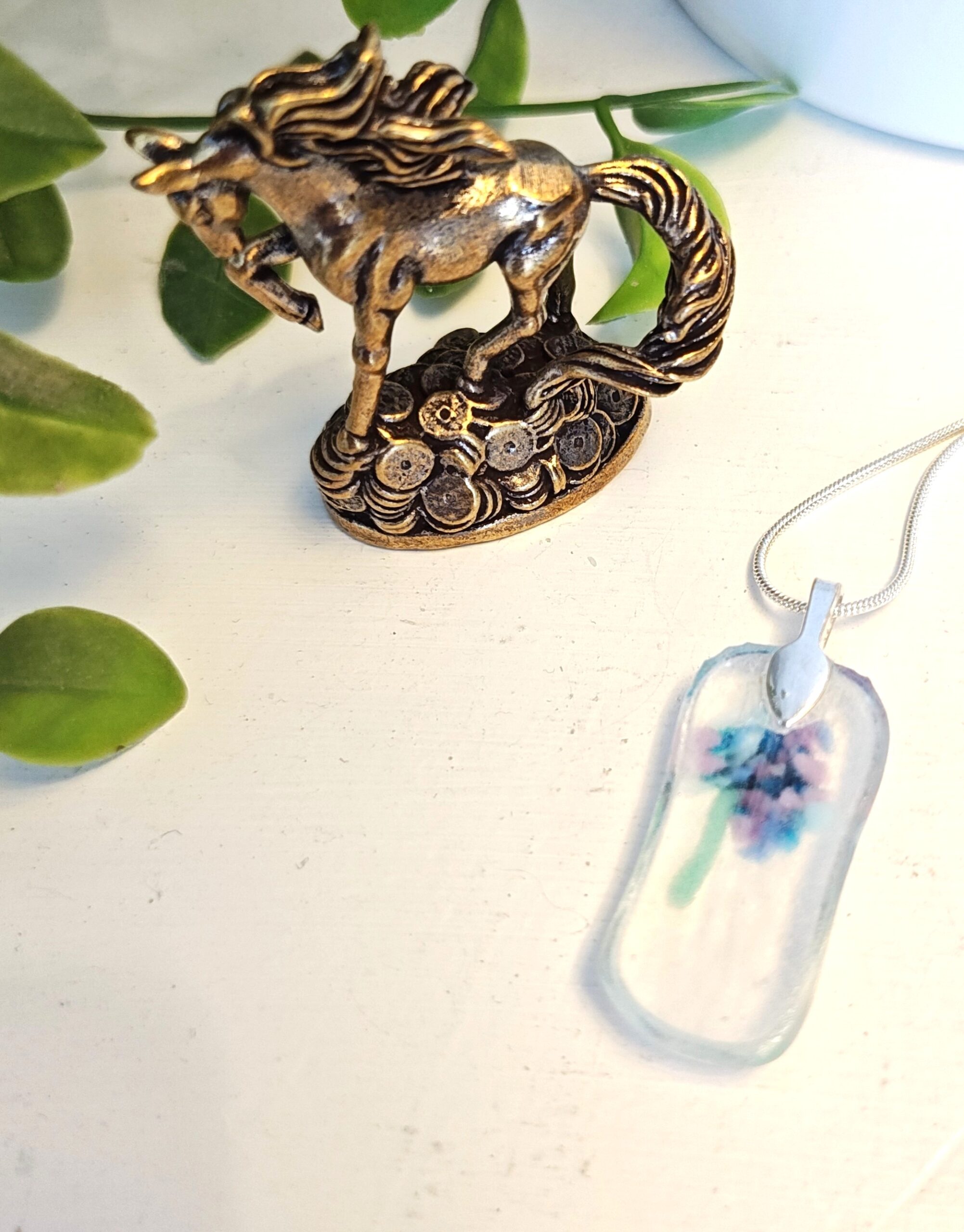 Clear with blue purple pink abstract flower pendant necklace, one of a kind handmade jewelry - Image 5