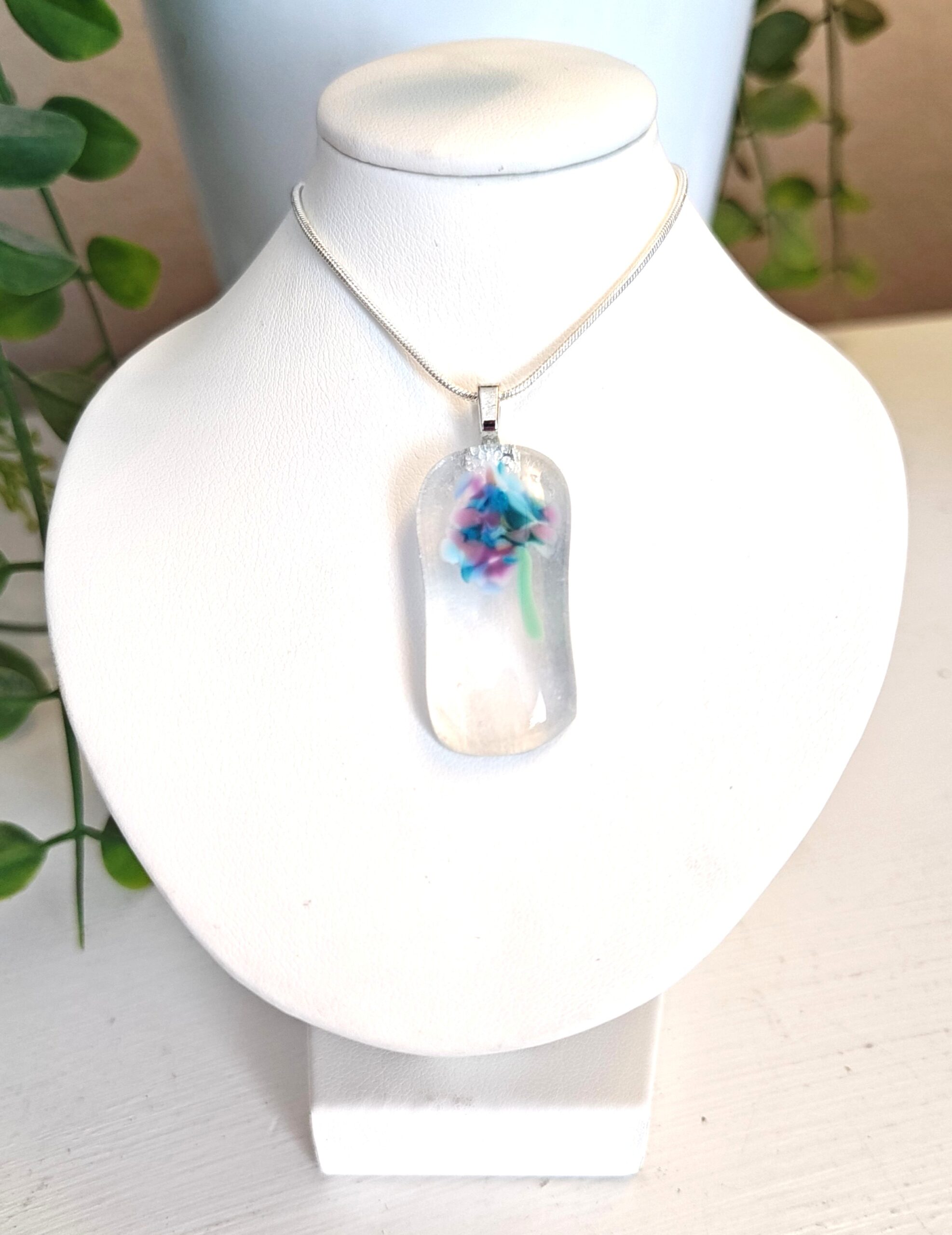 Clear with blue purple pink abstract flower pendant necklace, one of a kind handmade jewelry - Image 2