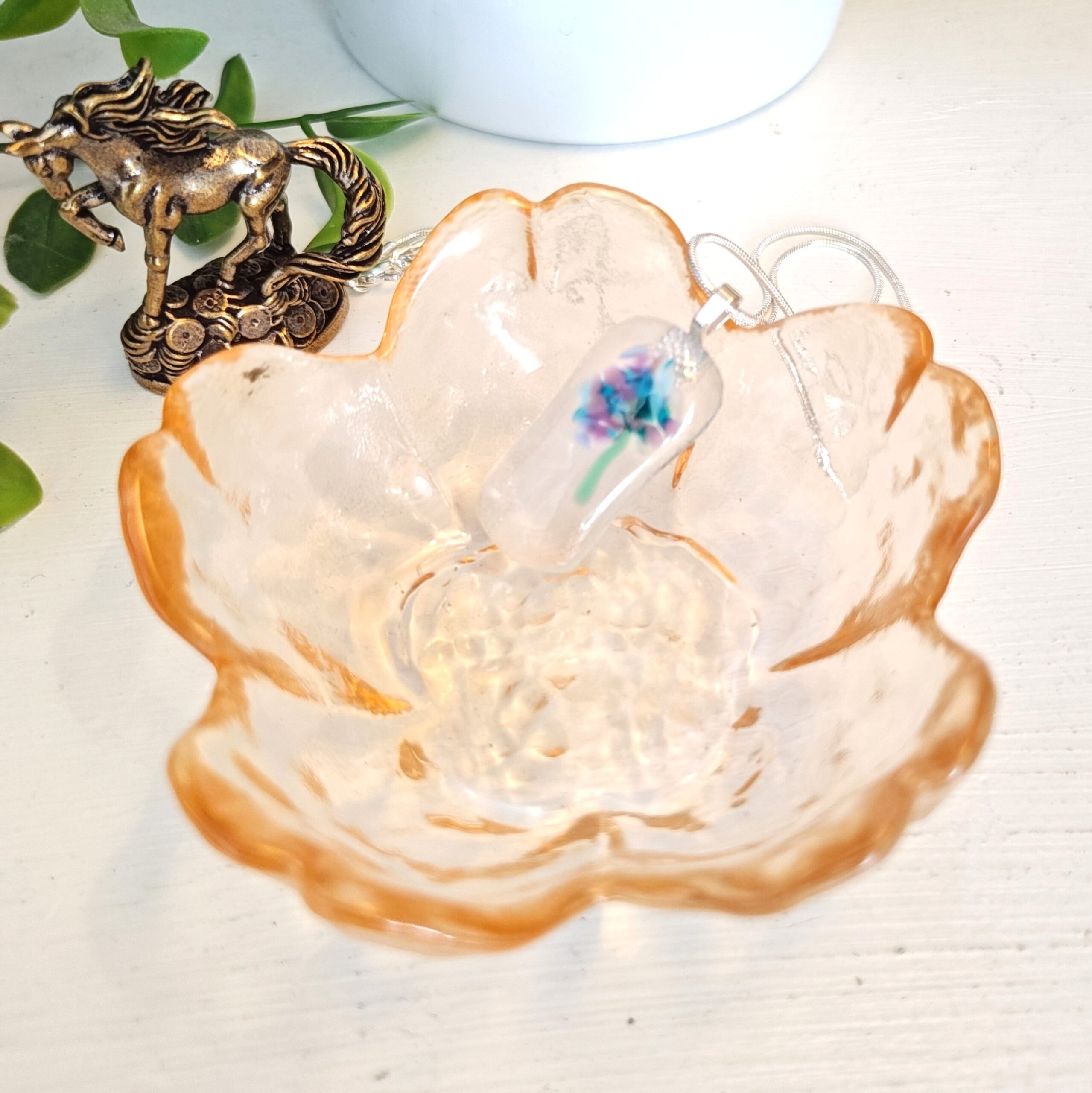 Clear with blue purple pink abstract flower pendant necklace, one of a kind handmade jewelry - Image 3