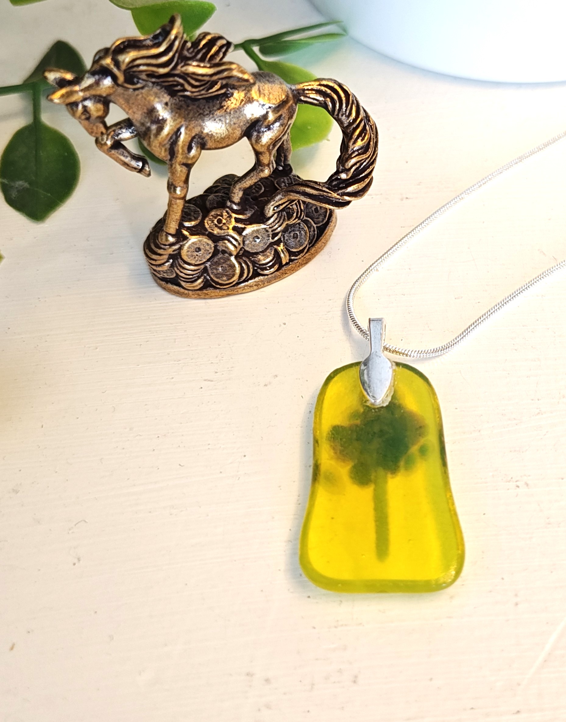 Flowy yellow with purple and green abstract flower pendant necklace, artisan one of a kind jewelry - Image 5