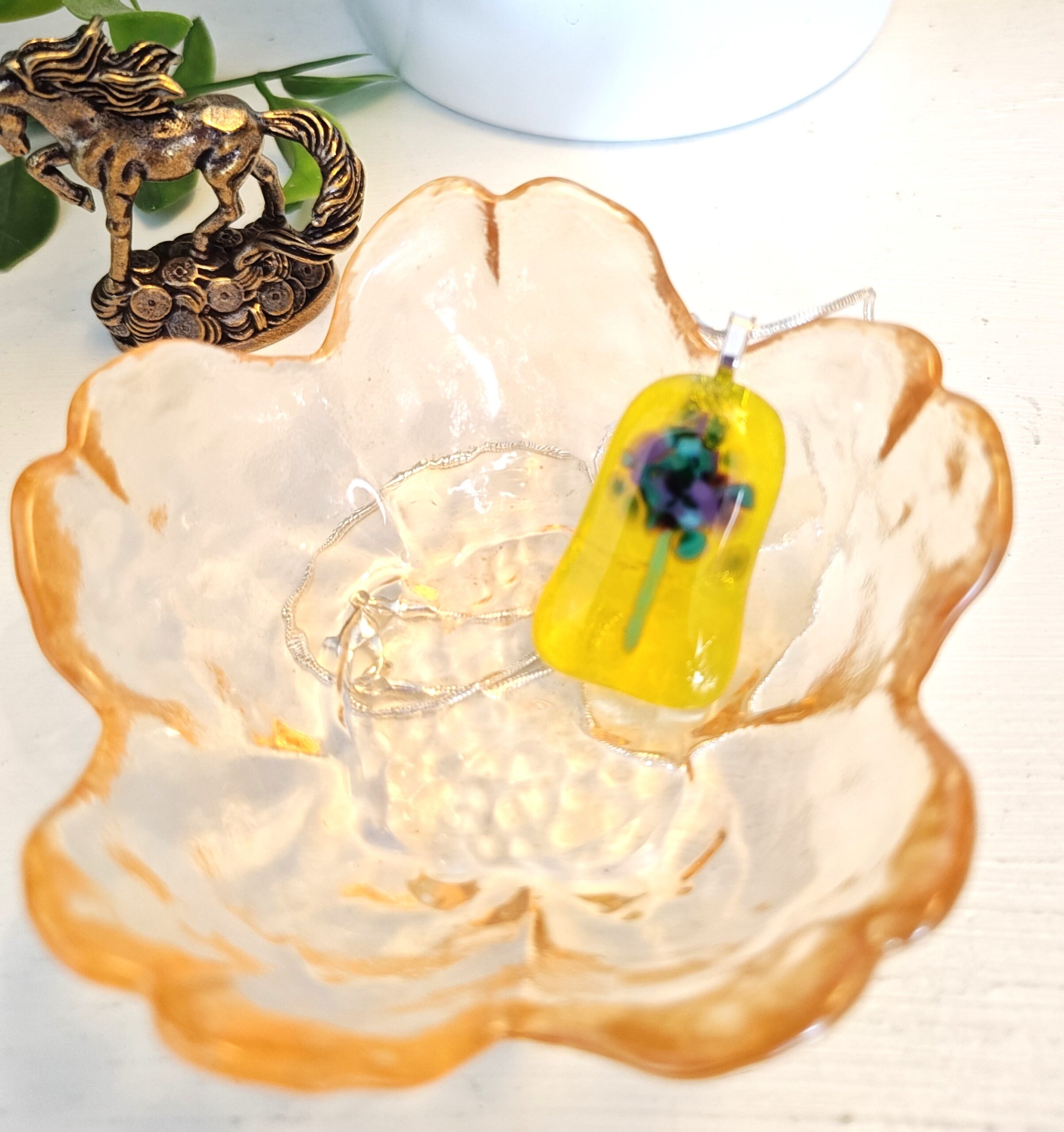 Flowy yellow with purple and green abstract flower pendant necklace, artisan one of a kind jewelry - Image 3