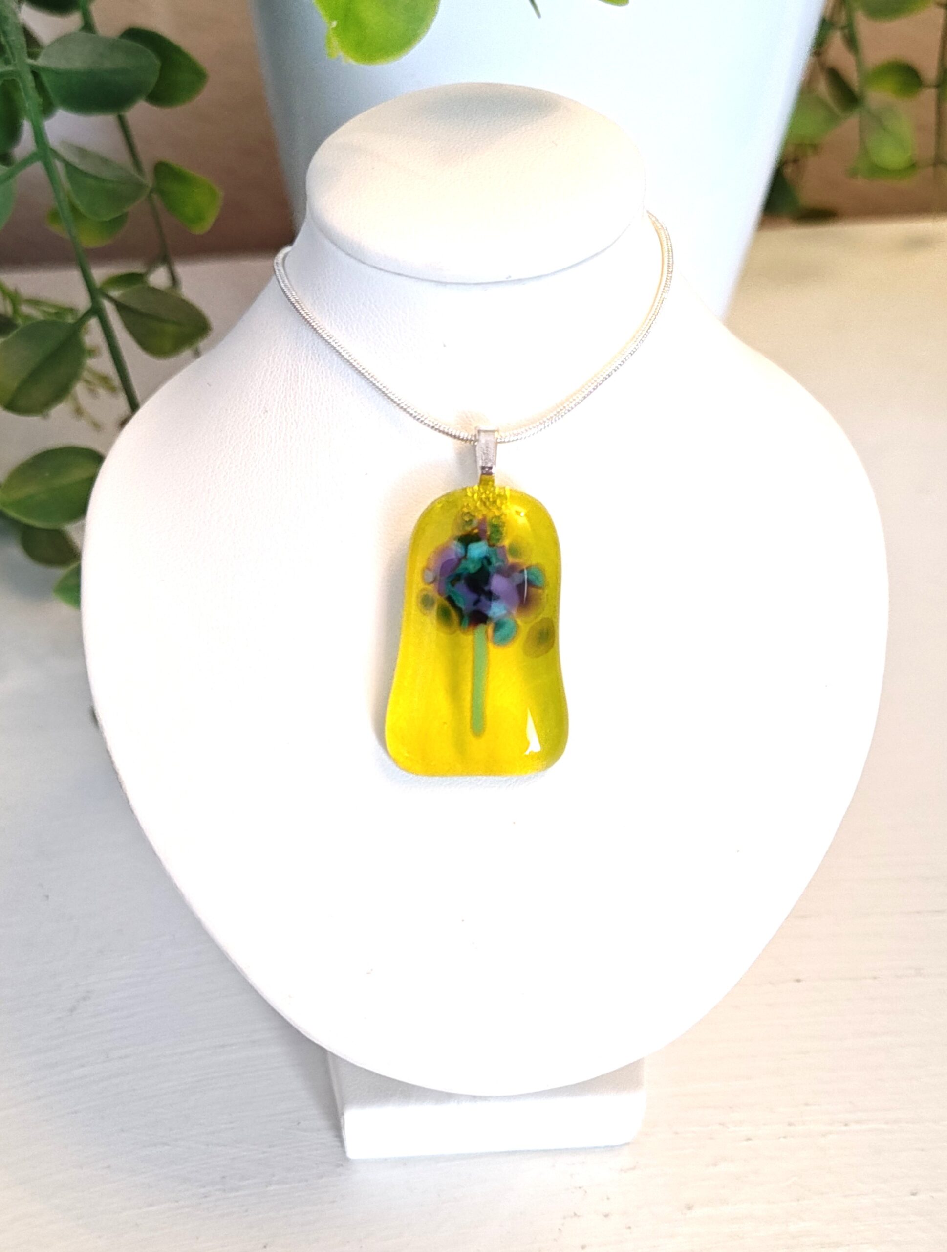 Flowy yellow with purple and green abstract flower pendant necklace, artisan one of a kind jewelry - Image 2