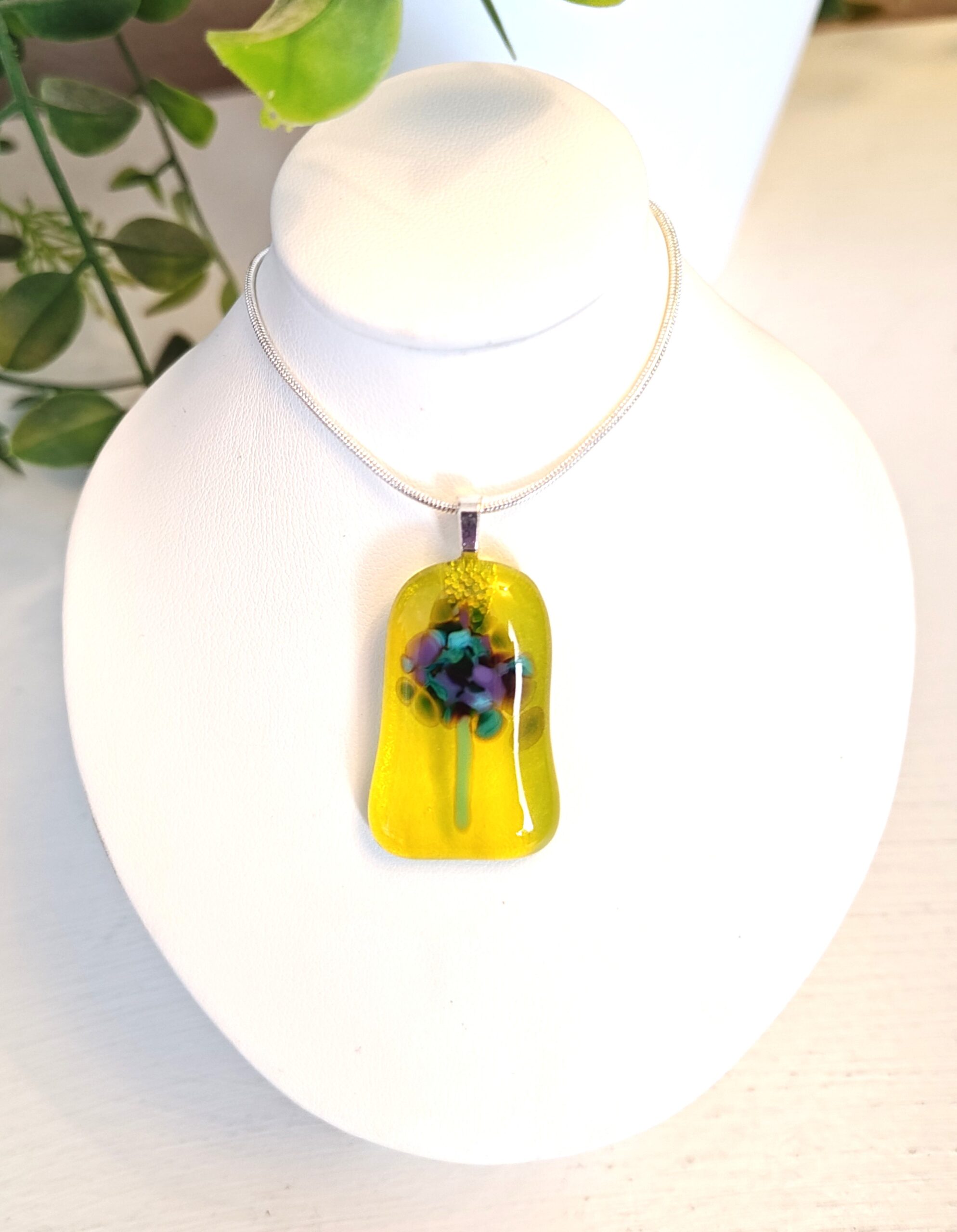 Flowy yellow with purple and green abstract flower pendant necklace, artisan one of a kind jewelry - Image 4