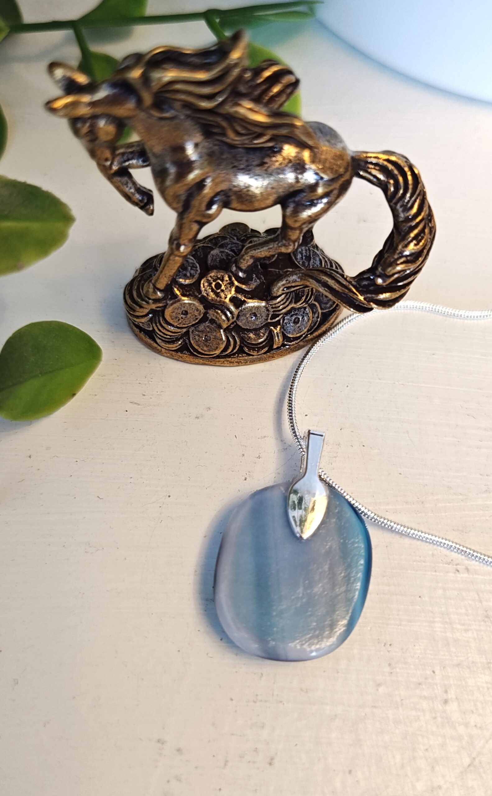 Translucent sea blue with pink abstract flower pendant necklace, one of a kind handmade jewelry - Image 5