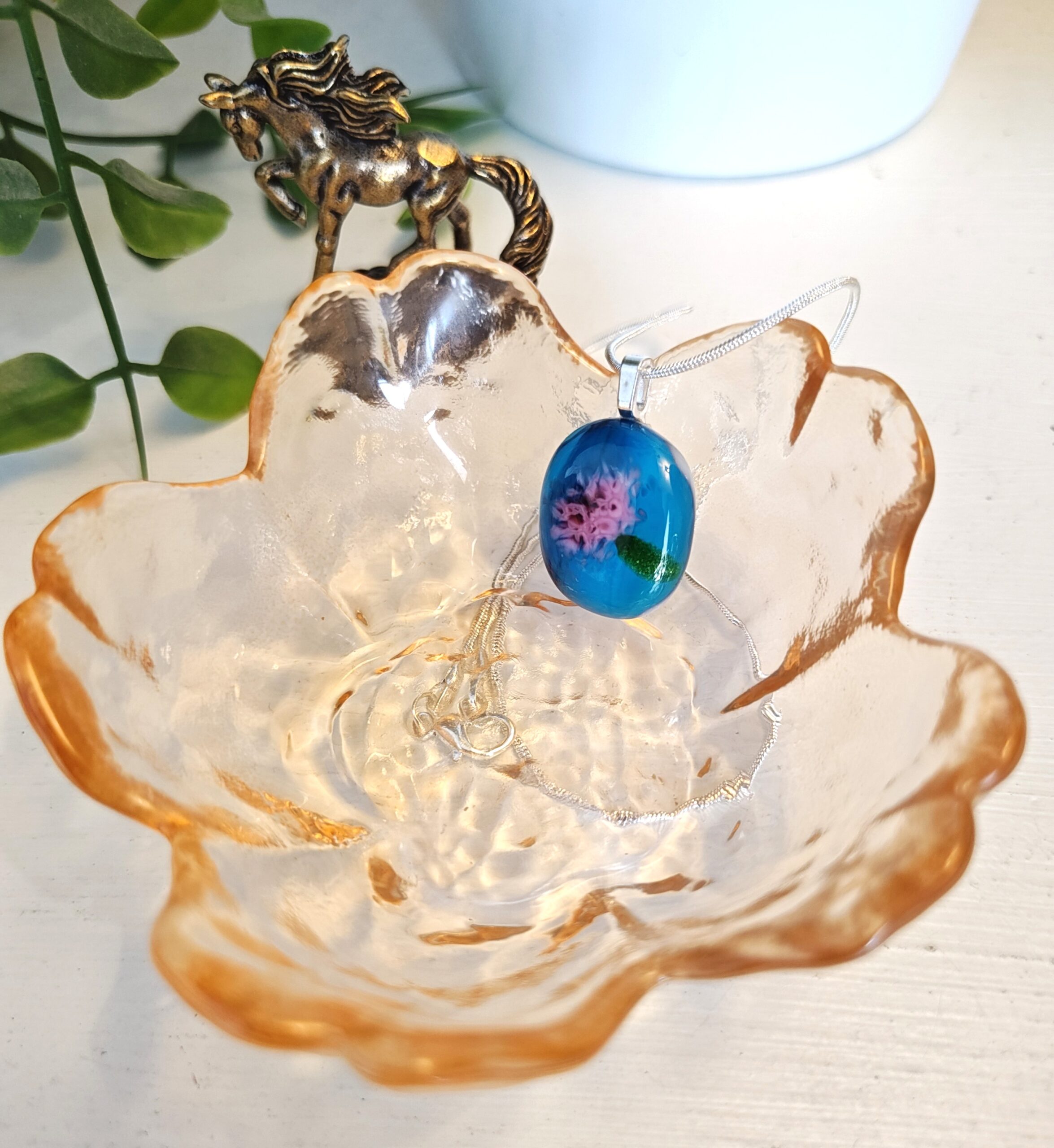Translucent sea blue with pink abstract flower pendant necklace, one of a kind handmade jewelry - Image 3
