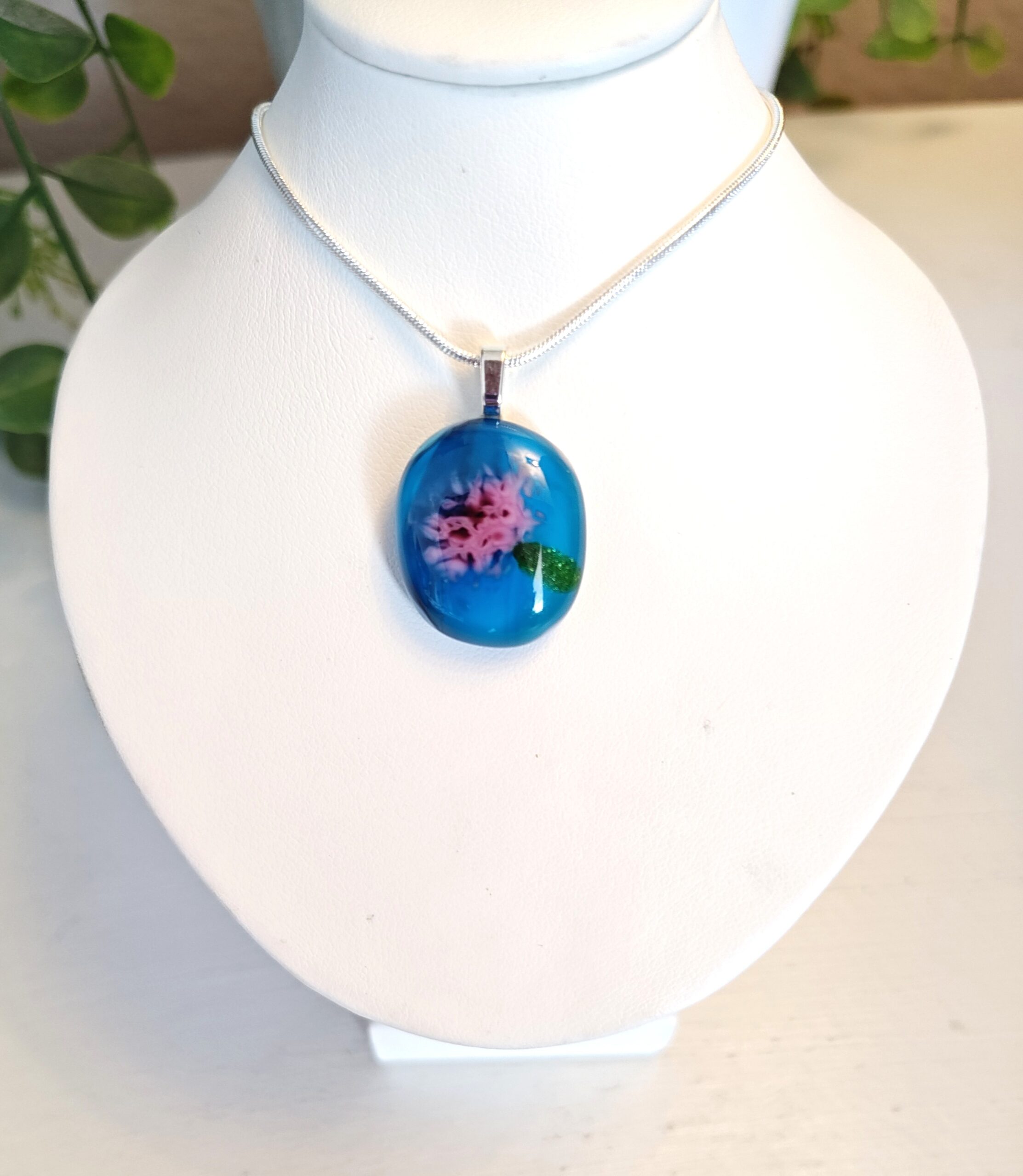 Translucent sea blue with pink abstract flower pendant necklace, one of a kind handmade jewelry - Image 2