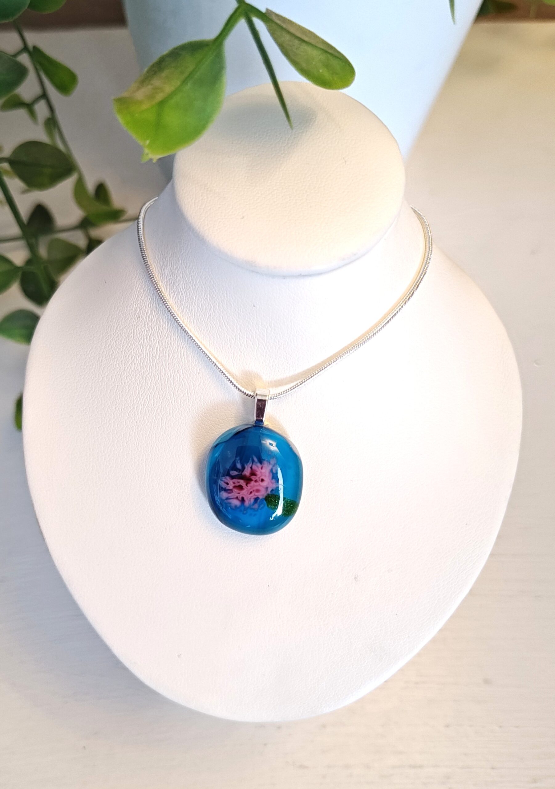 Translucent sea blue with pink abstract flower pendant necklace, one of a kind handmade jewelry - Image 4