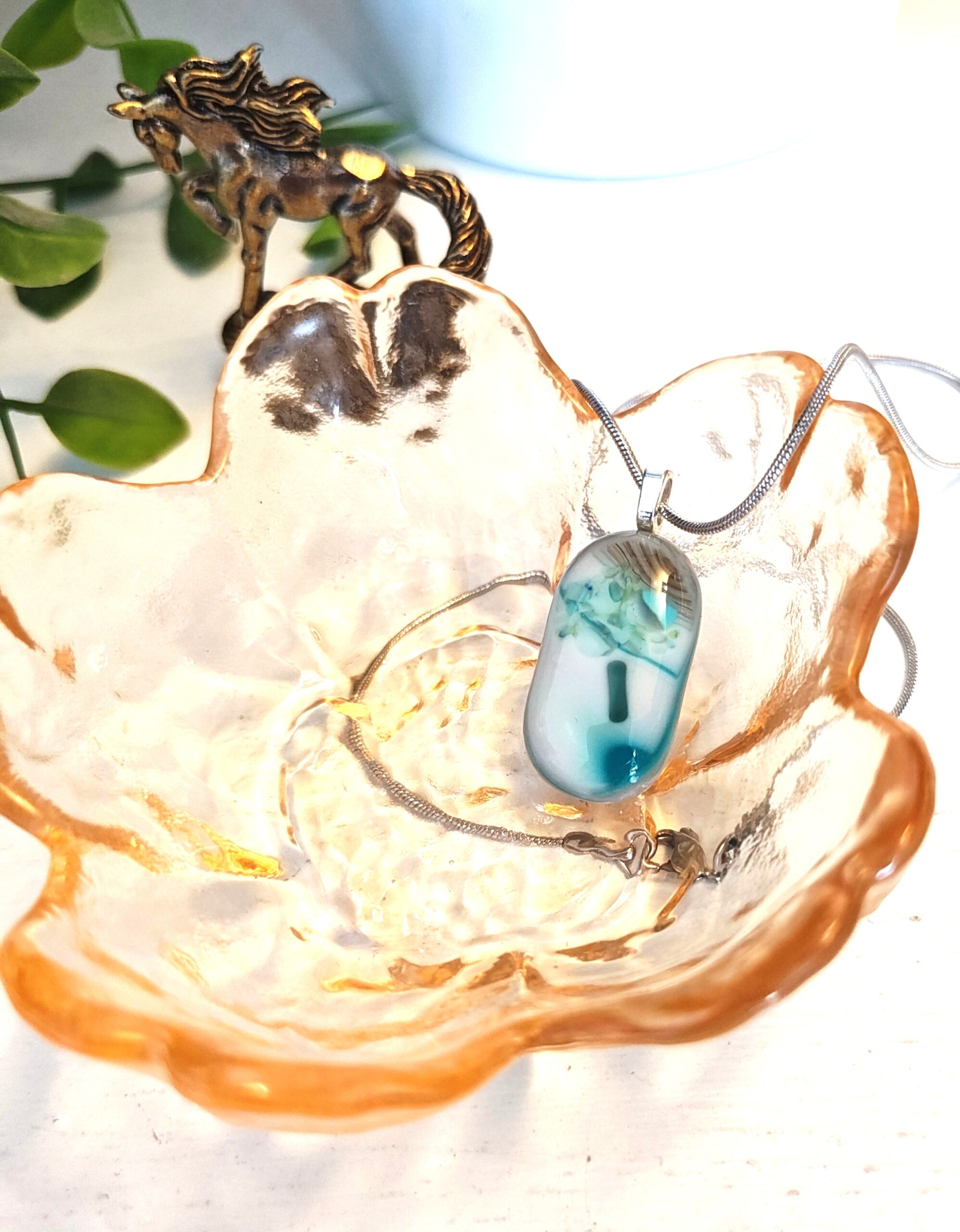 Teal white and grey artisan pendant necklace, Abstract one of a kind handmade jewelry - Image 3