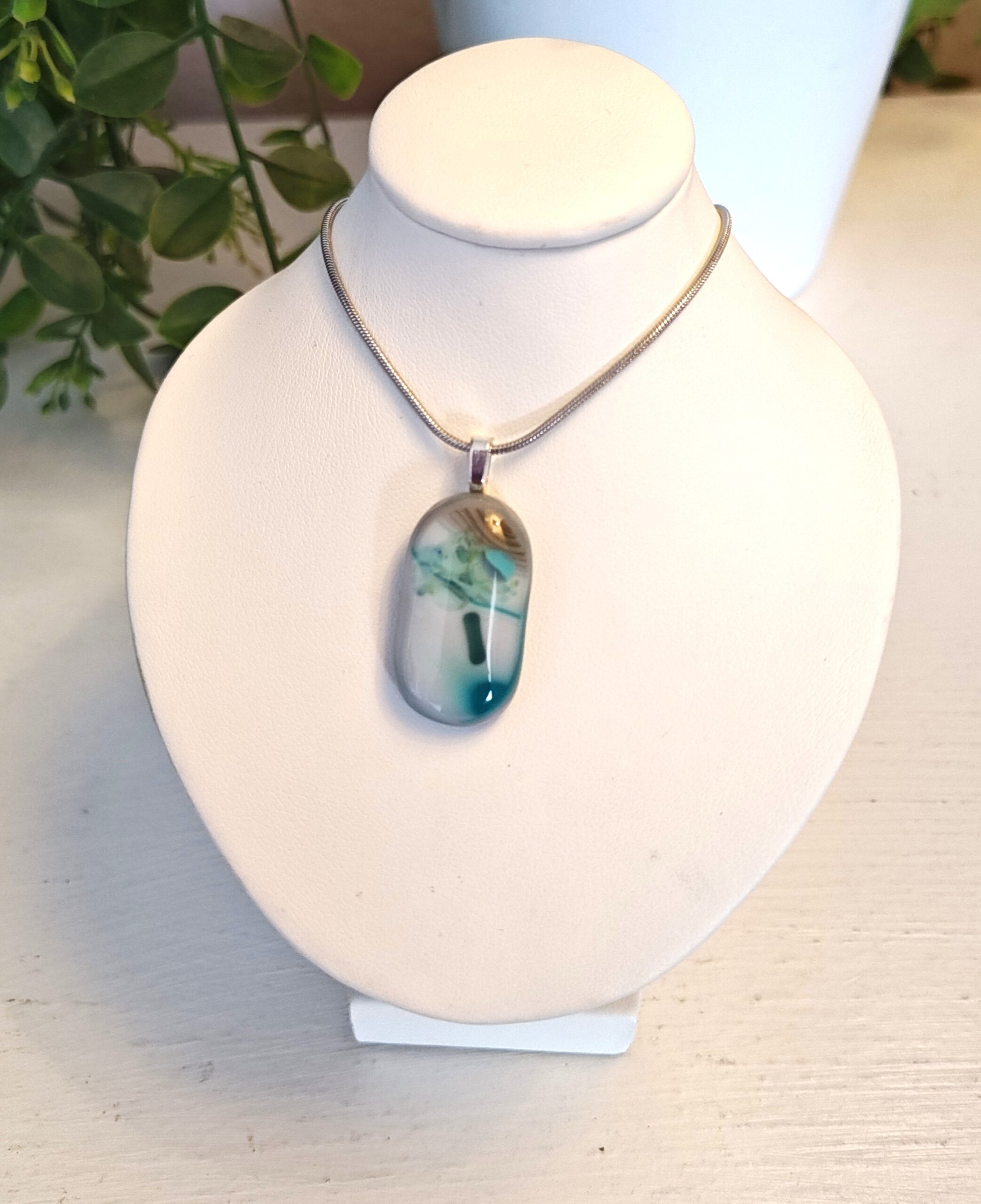 Teal white and grey artisan pendant necklace, Abstract one of a kind handmade jewelry - Image 2