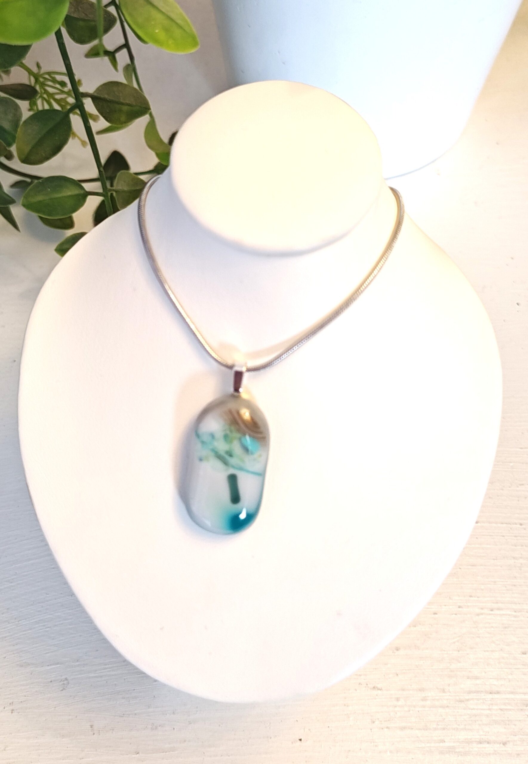 Teal white and grey artisan pendant necklace, Abstract one of a kind handmade jewelry - Image 4