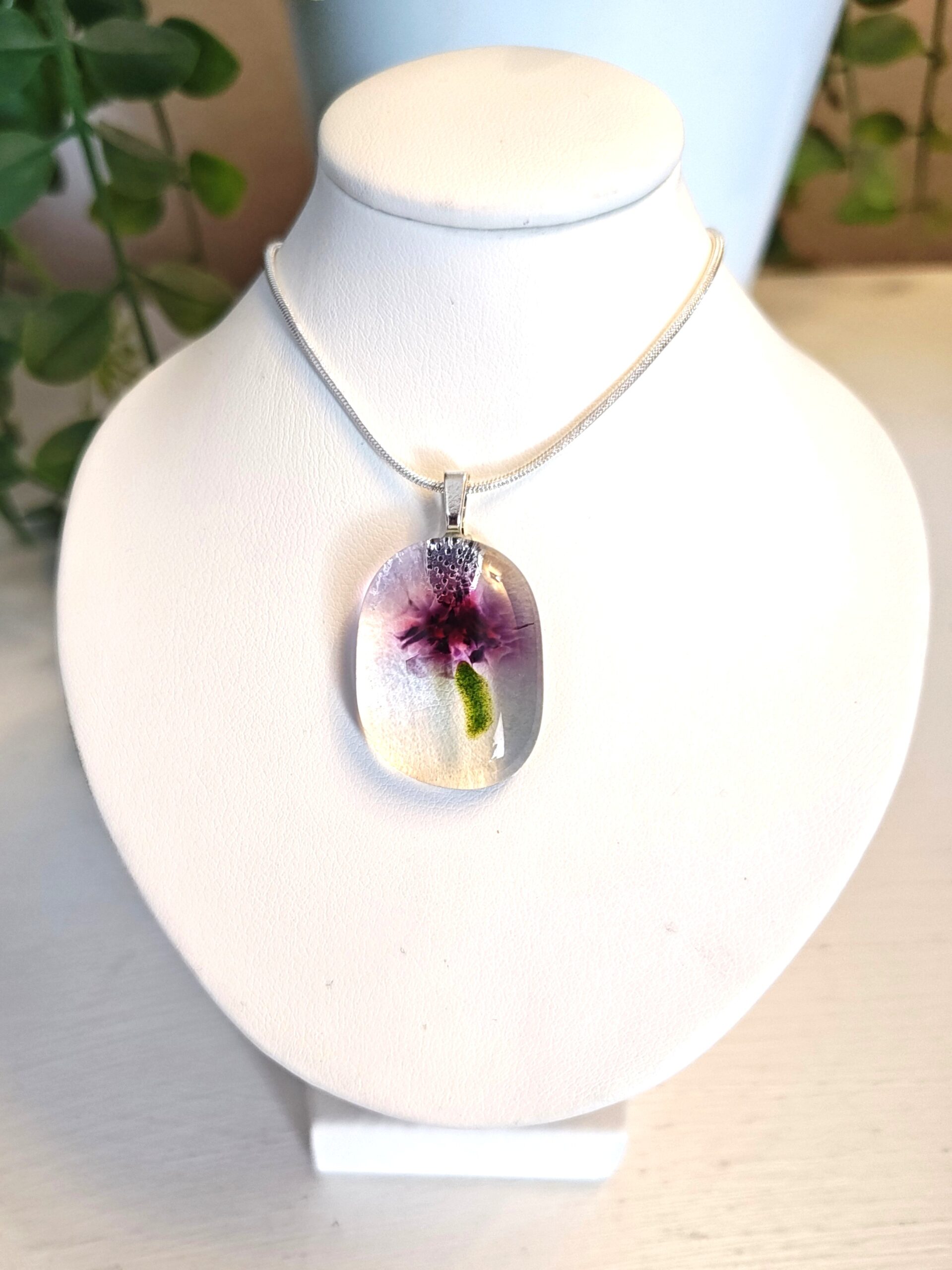 Clear and purple flowy abstract flower pendant necklace, One of a kind artisan jewelry - Image 2