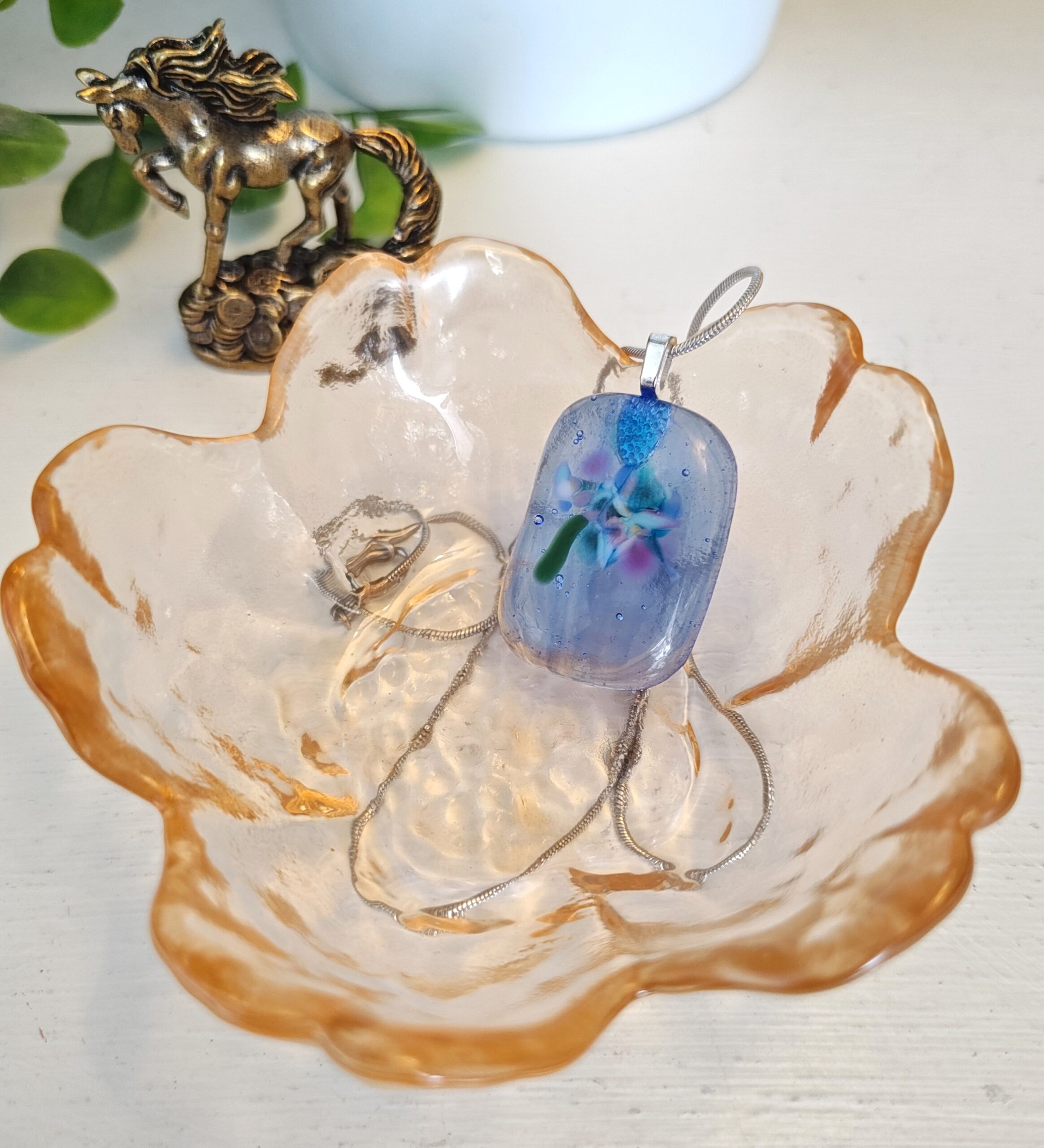 Translucent blue with blue, purple white flowy abstract flower, Artisan handmade unique jewelry - Image 3
