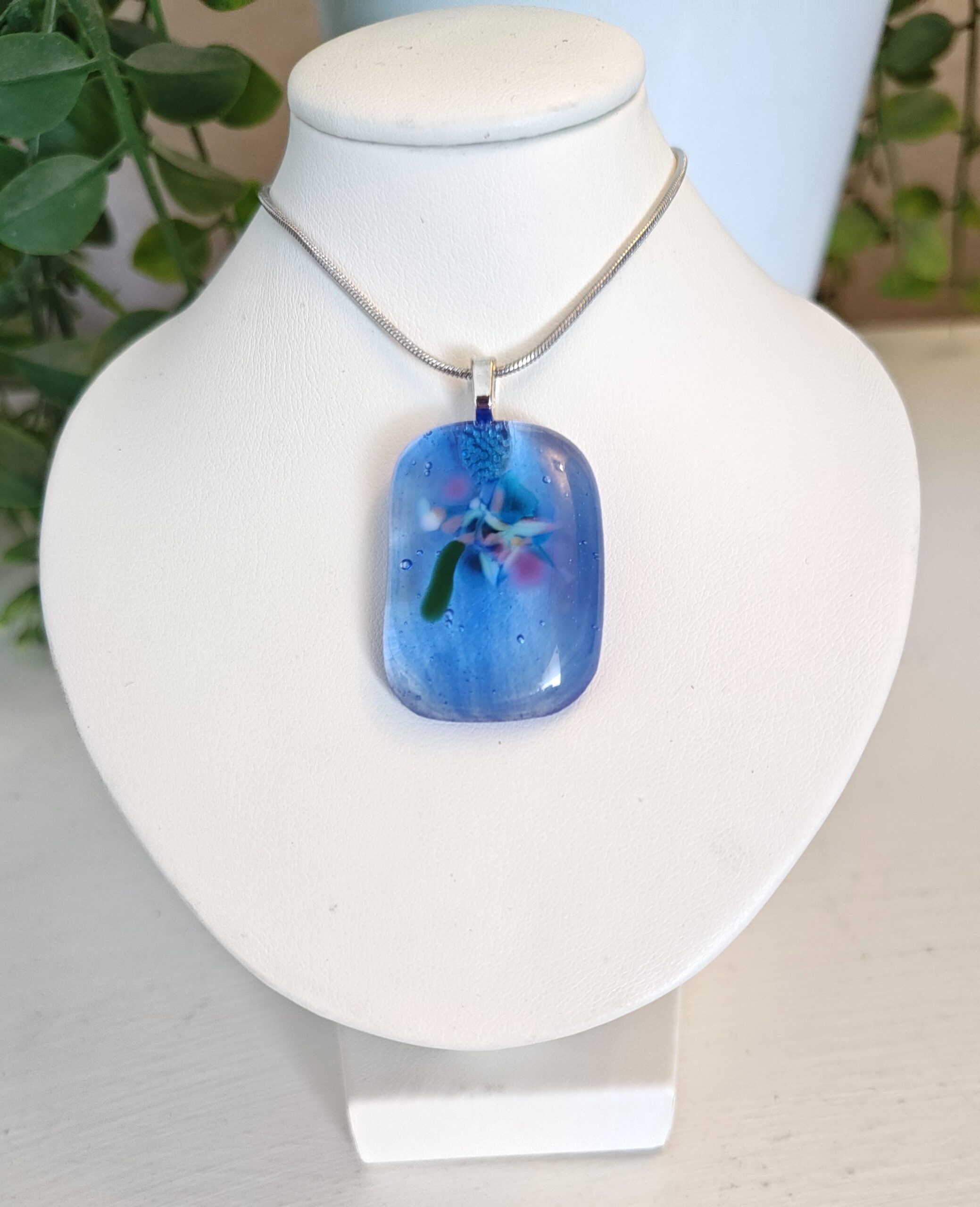 Translucent blue with blue, purple white flowy abstract flower, Artisan handmade unique jewelry - Image 2