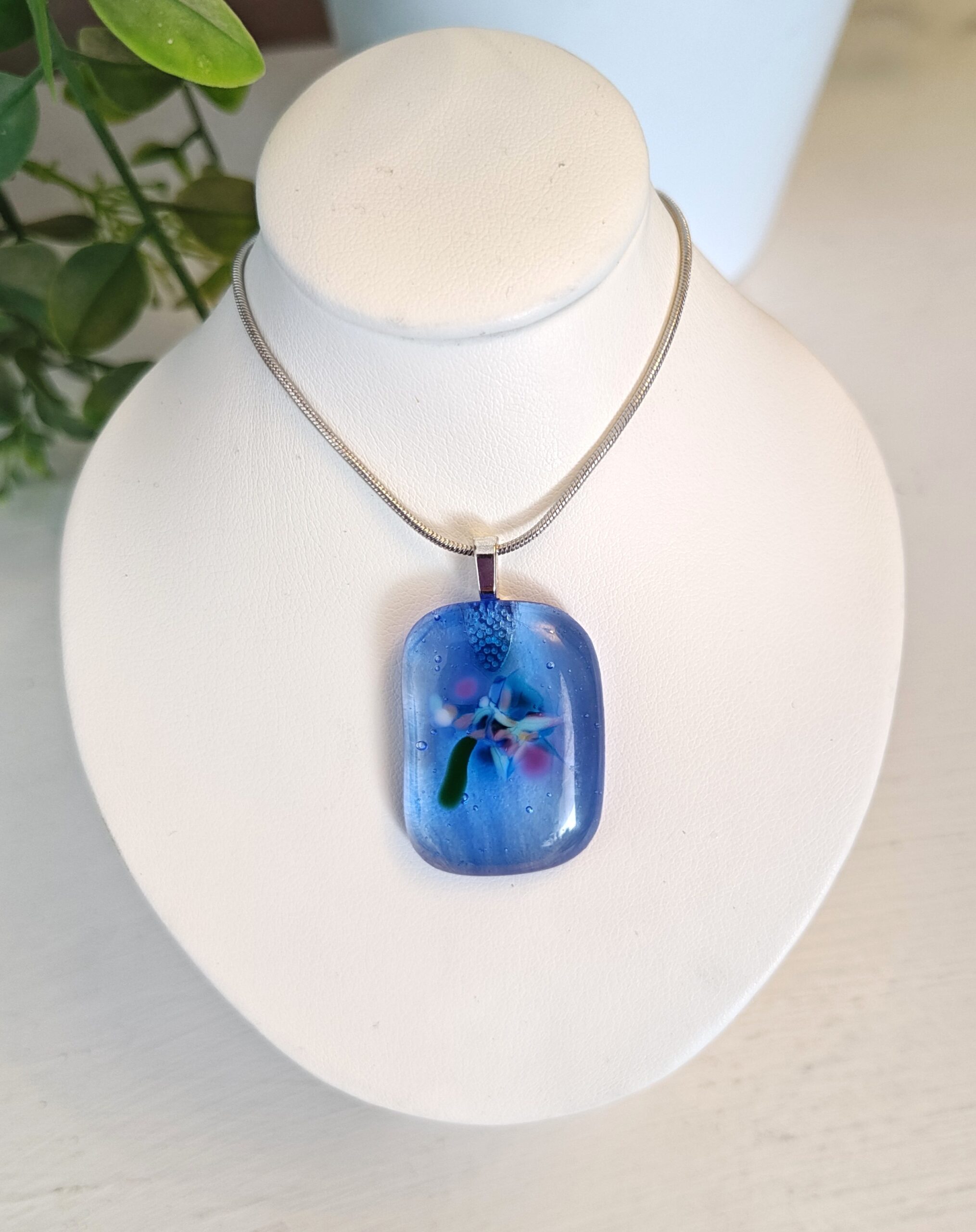 Translucent blue with blue, purple white flowy abstract flower, Artisan handmade unique jewelry - Image 4