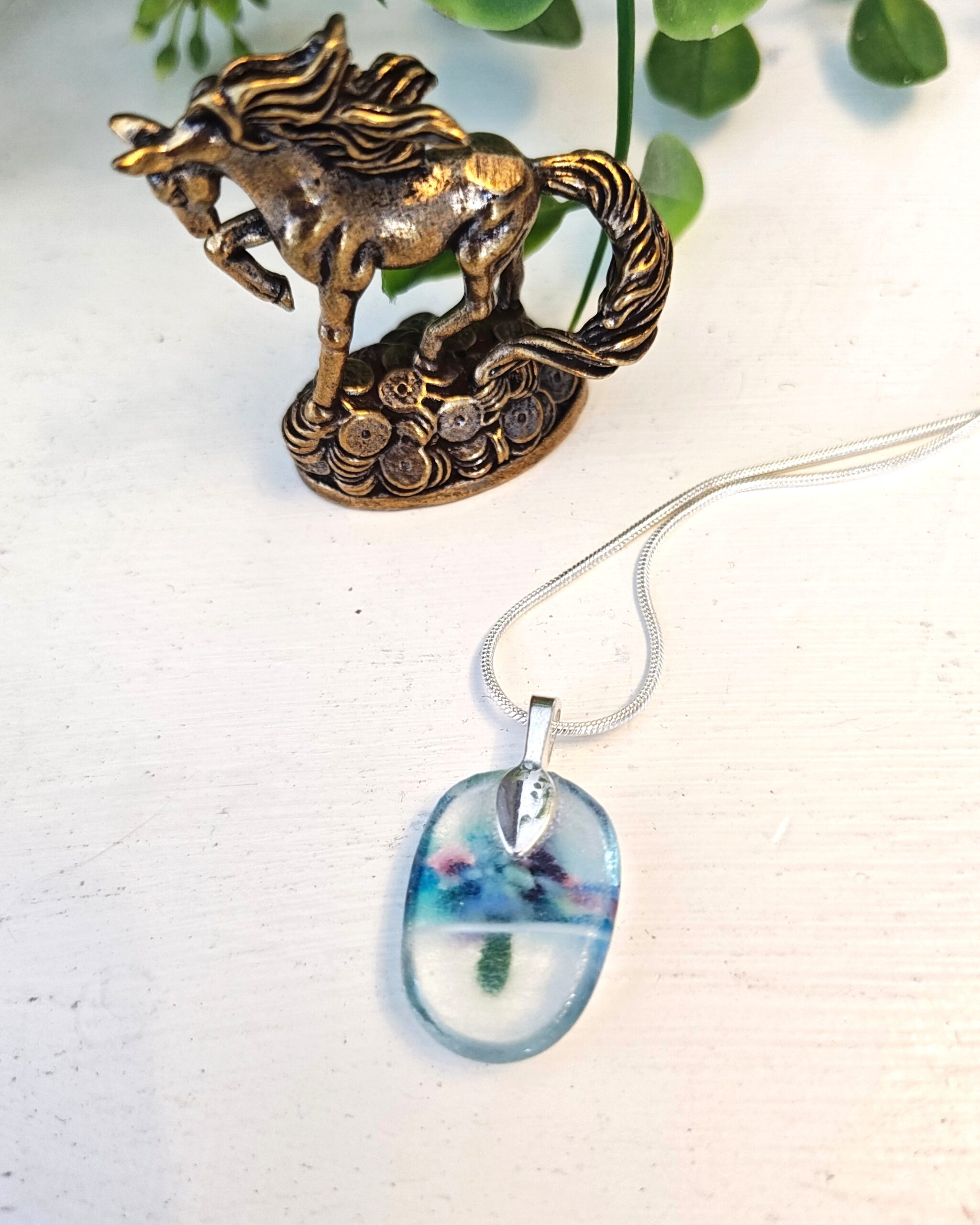 Clear with flowy blue, purple and white abstract flower pendant necklace, One of a kind artisan handmade jewelry - Image 5