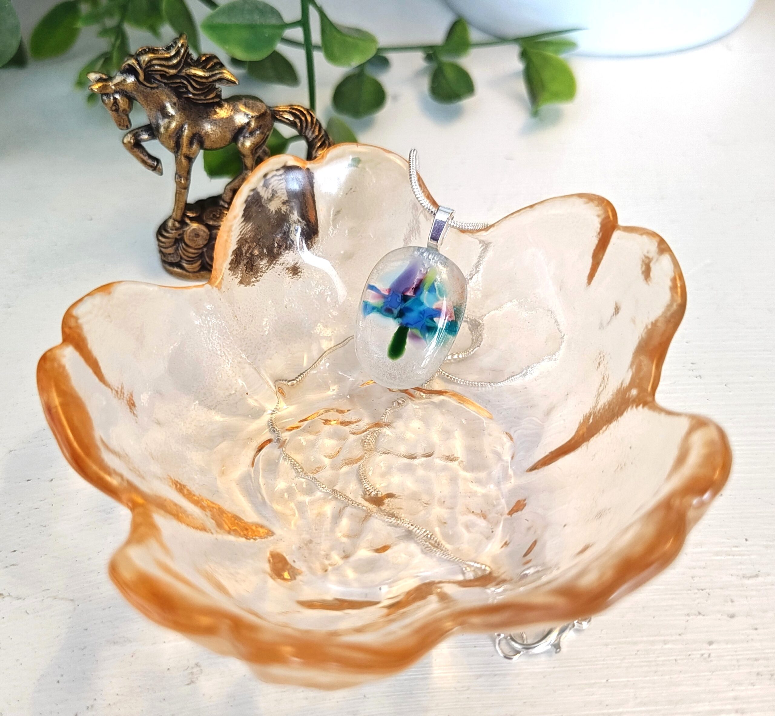 Clear with flowy blue, purple and white abstract flower pendant necklace, One of a kind artisan handmade jewelry - Image 3