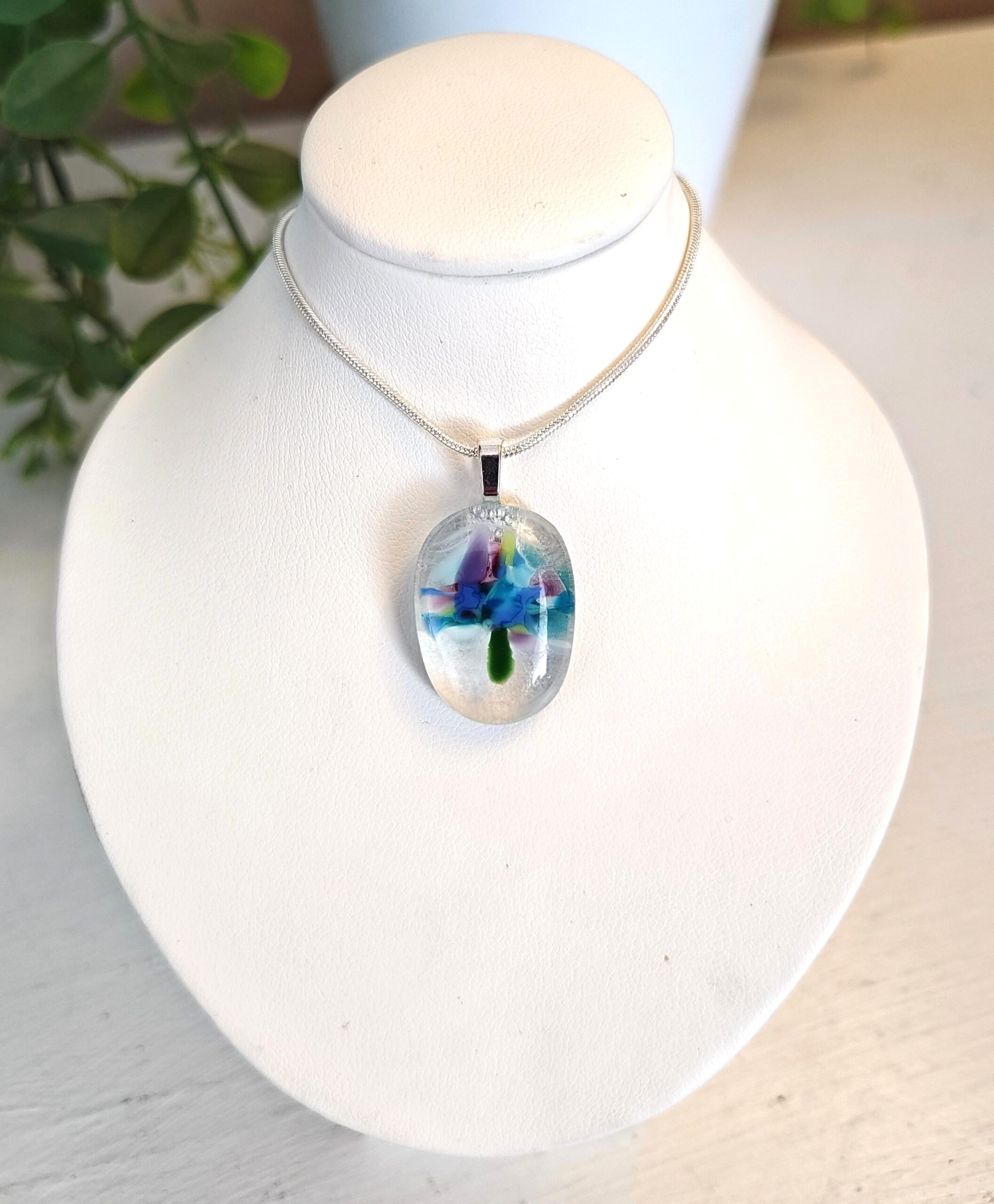 Clear with flowy blue, purple and white abstract flower pendant necklace, One of a kind artisan handmade jewelry - Image 2