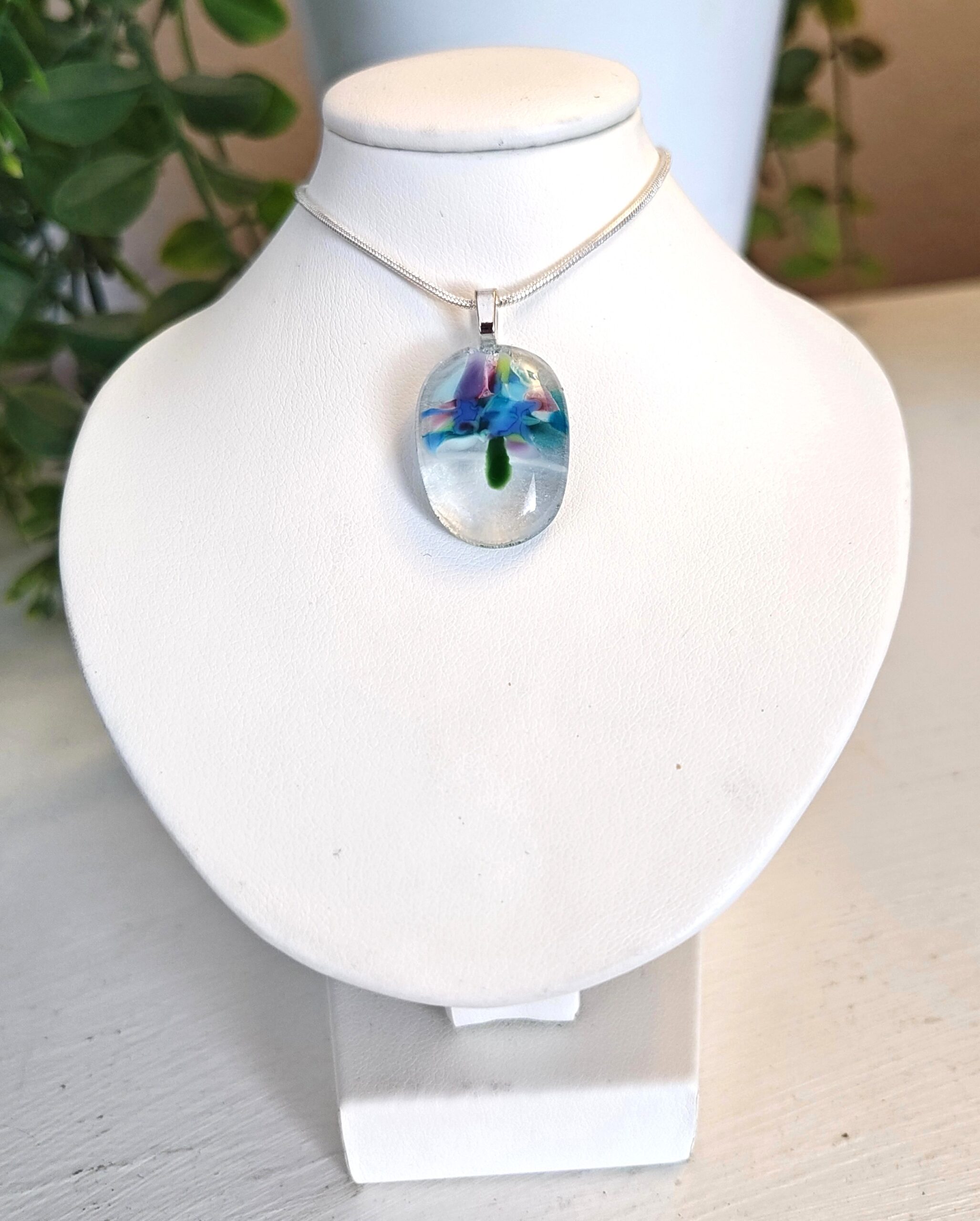 Clear with flowy blue, purple and white abstract flower pendant necklace, One of a kind artisan handmade jewelry - Image 4