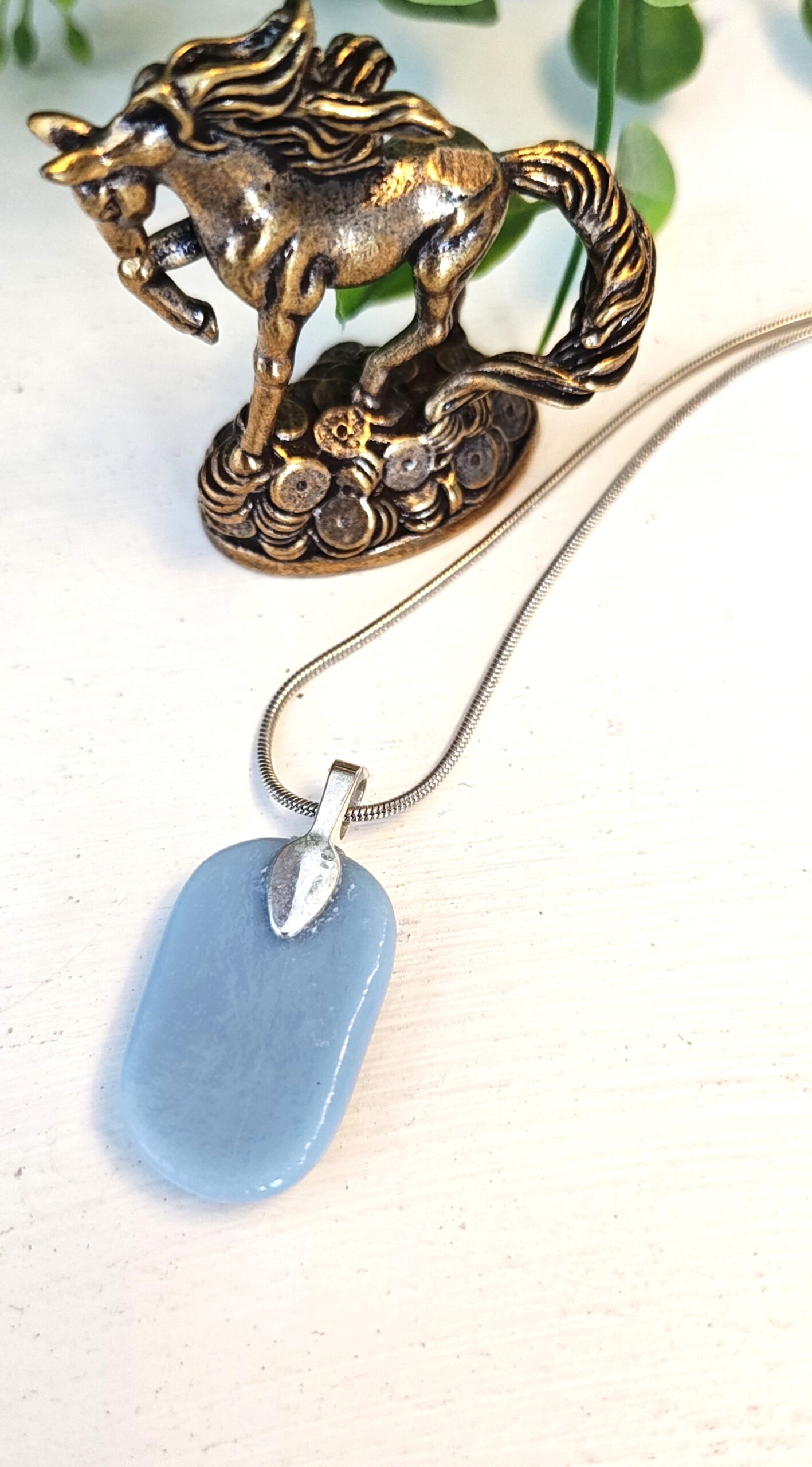 Blue and iridescent dichroic oval pendant necklace, Unique abstract artisan handmade jewelry - Image 4