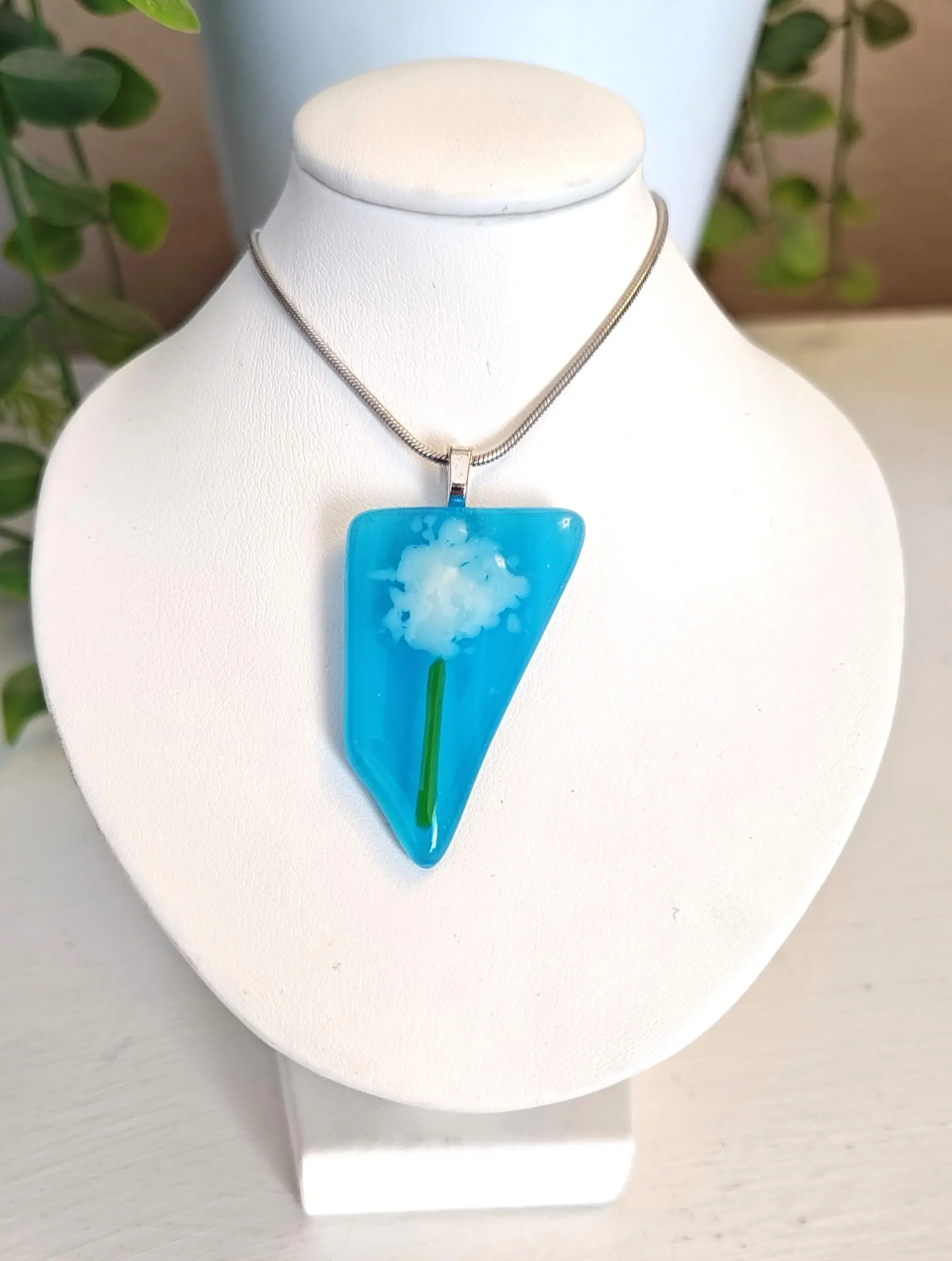 Bright blue asymmetric abstract flower pendant necklace, One of a kind textured handmade festival jewelry - Image 2