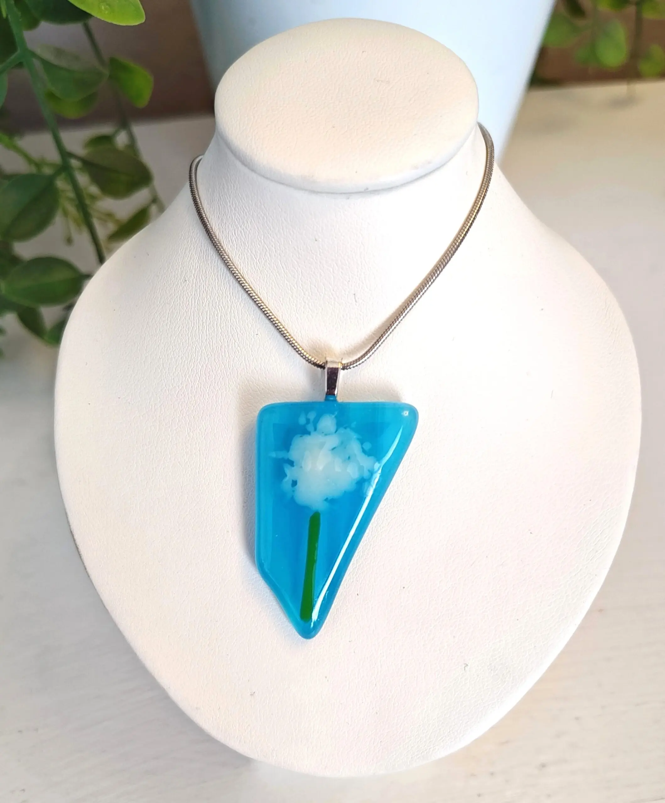 Bright blue asymmetric abstract flower pendant necklace, One of a kind textured handmade festival jewelry - Image 4