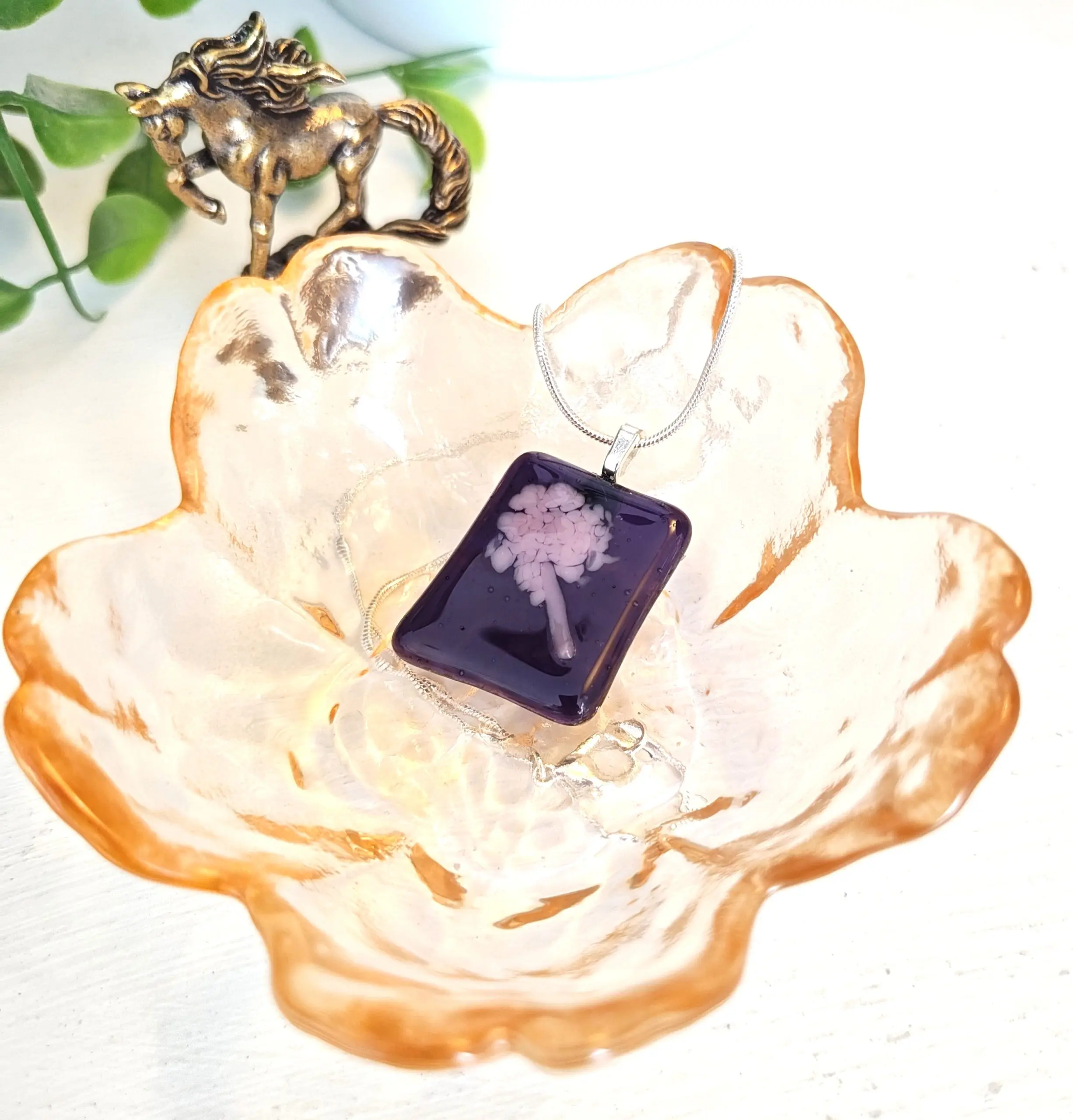 Dark purple with abstract lavender flower pendant necklace, Asymmetrical handmade jewelry - Image 3