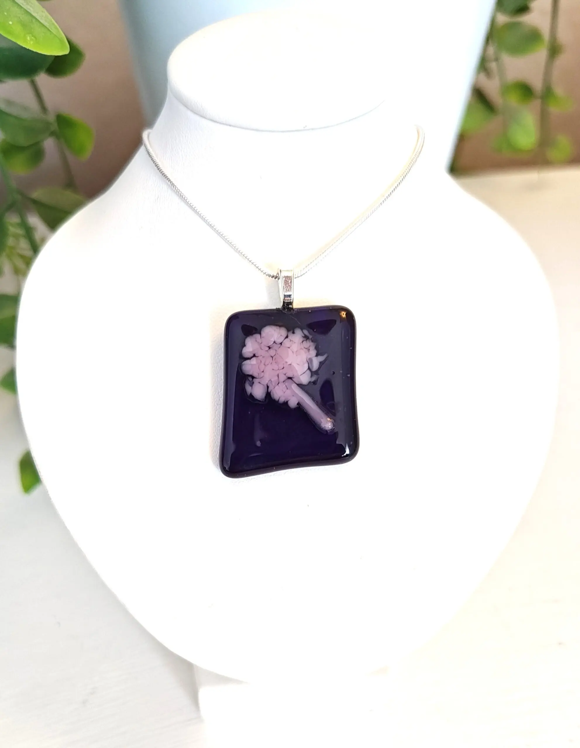 Dark purple with abstract lavender flower pendant necklace, Asymmetrical handmade jewelry - Image 4