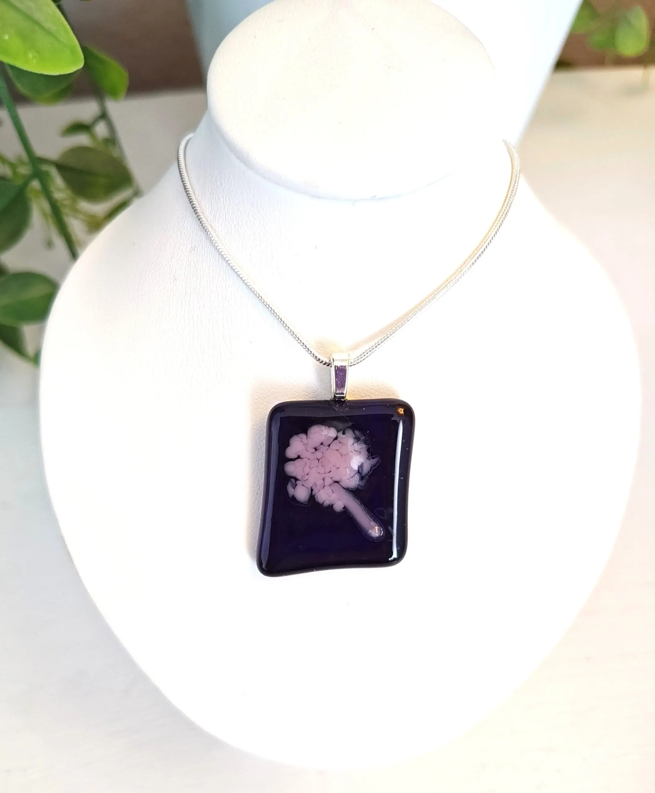 Dark purple with abstract lavender flower pendant necklace, Asymmetrical handmade jewelry - Image 2